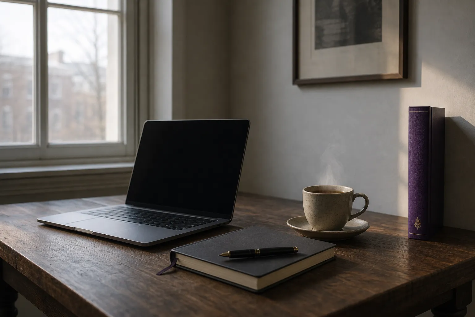 A laptop in soft daylight on a wooden desk with a notebook and a violet book spine, illustrating AI in SEO work.