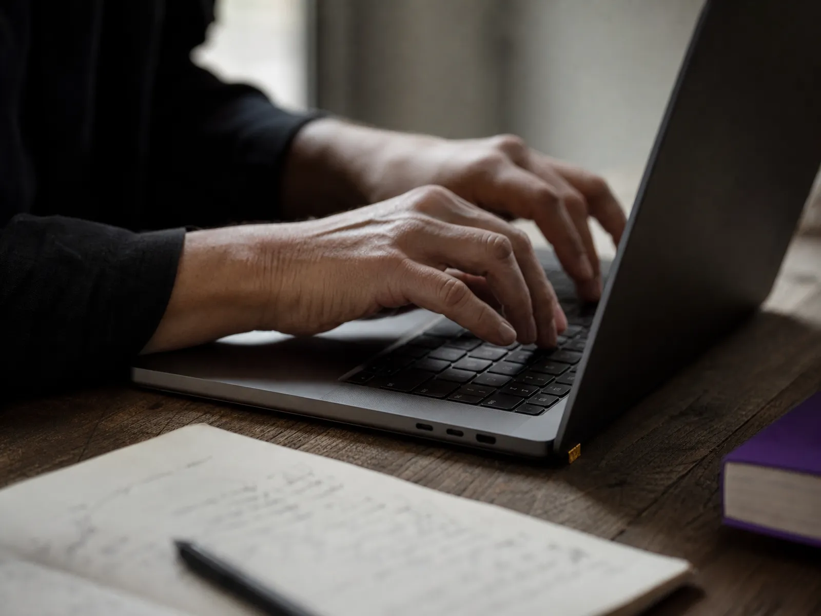 Close crop of hands typing on a laptop keyboard in soft daylight on a wooden desk, illustrating an AI in SEO workflow.