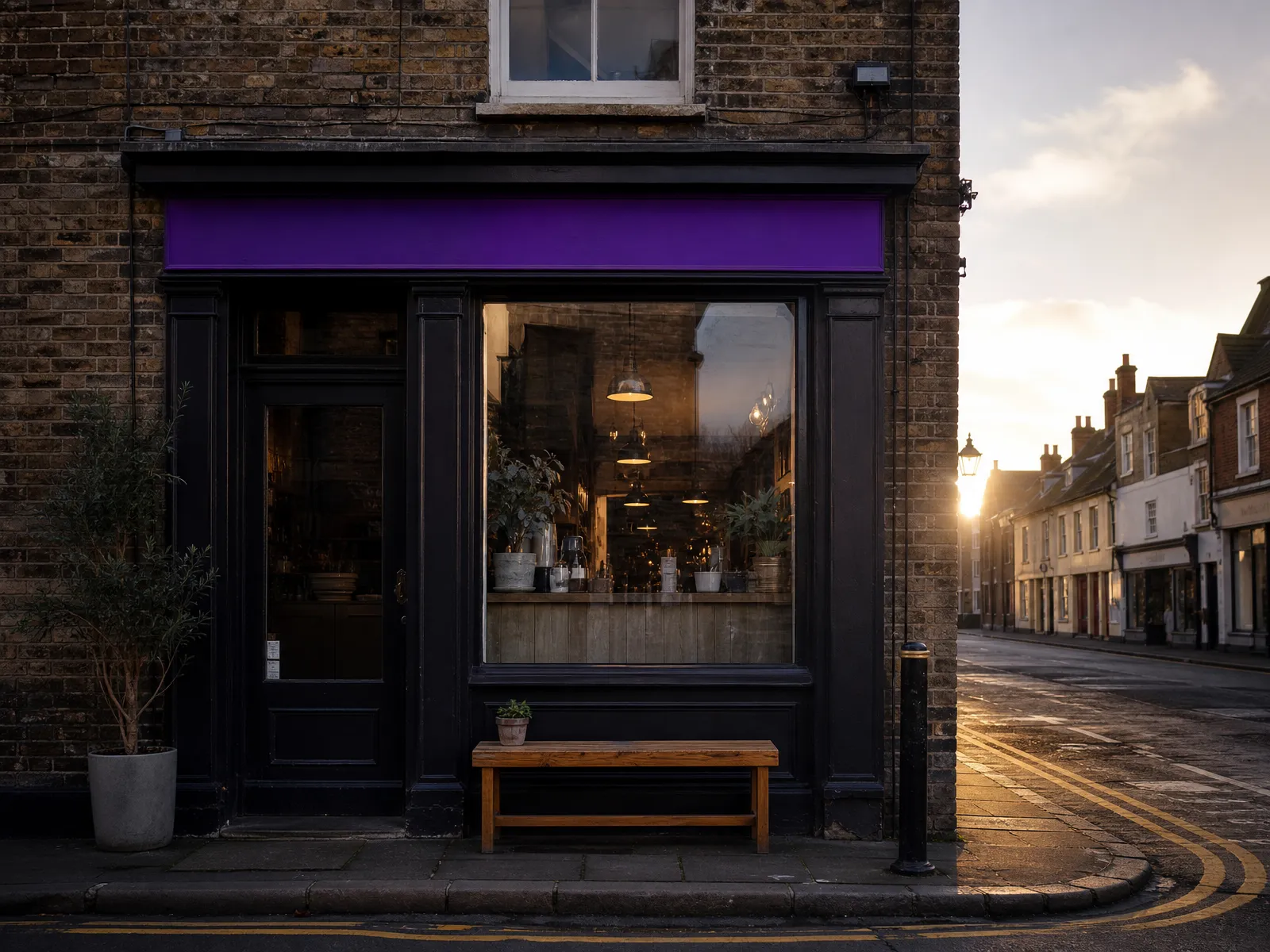 A small independent UK high-street shopfront at golden hour with one subtle violet accent on the signage, no people in frame.