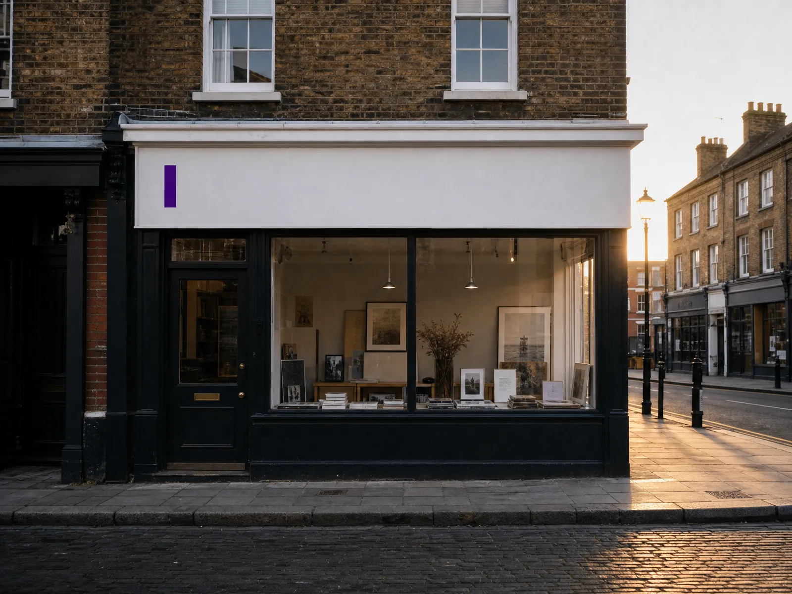A UK high-street shopfront at golden hour with a subtle violet accent on the sign, showing local backlink sources.