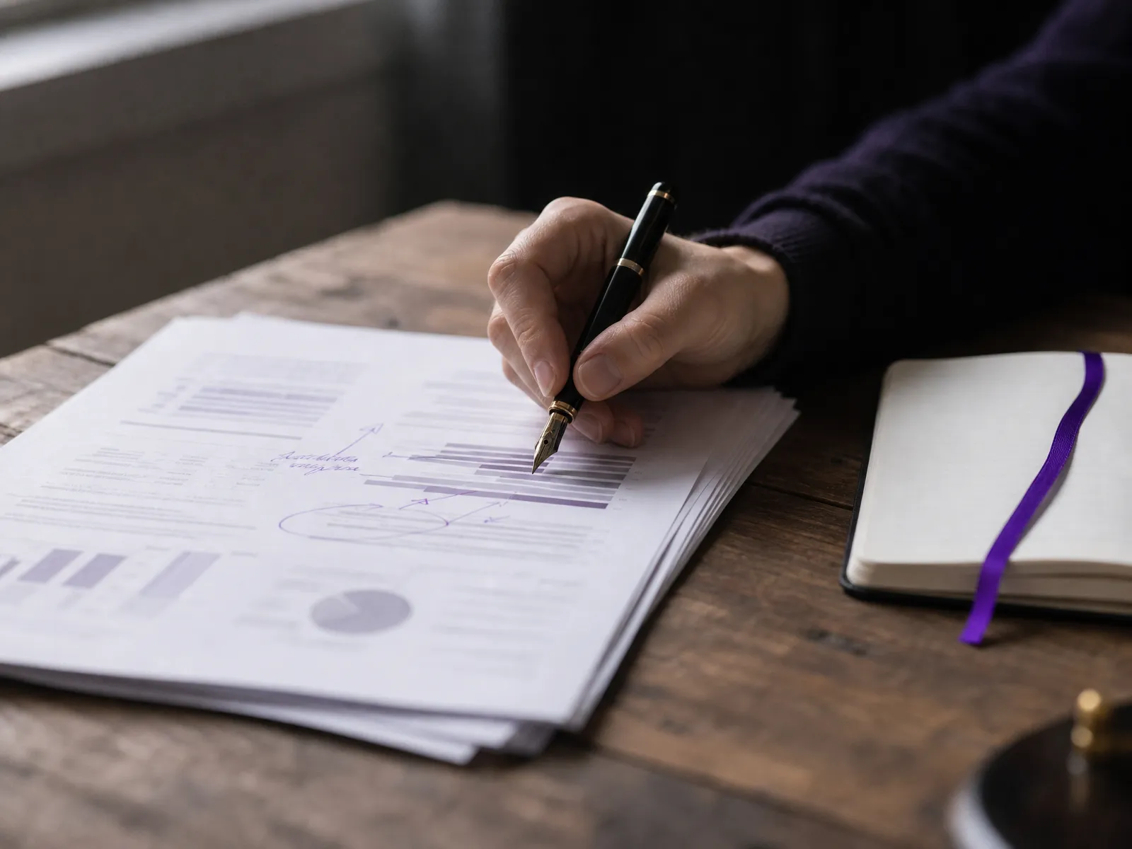 A hand annotating a printed report beside a notebook with a violet bookmark, illustrating a careful backlink review.