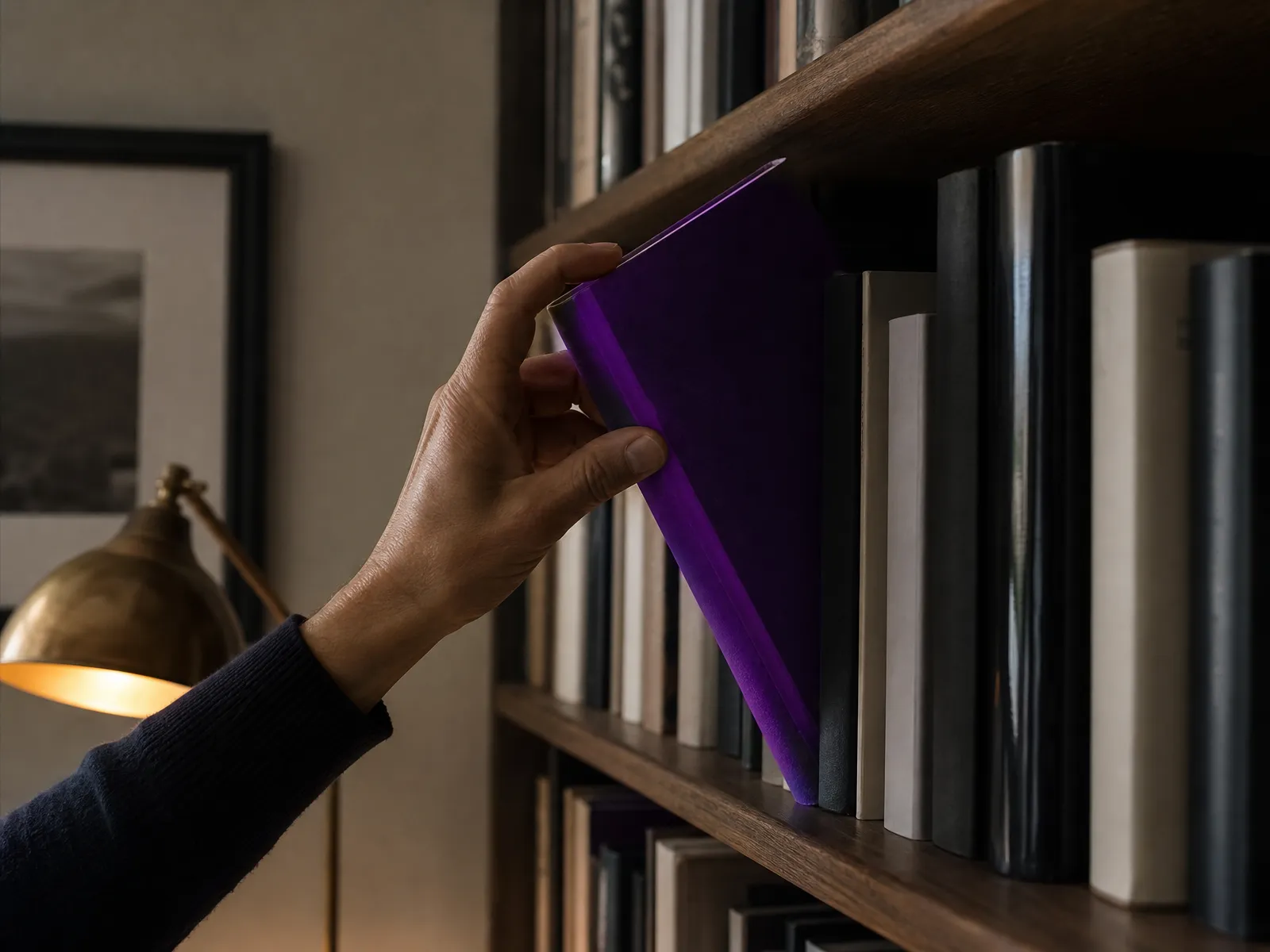 A hand lifting a violet-spined book from a bookshelf beside a small lamp, illustrating authority earned slowly over time.