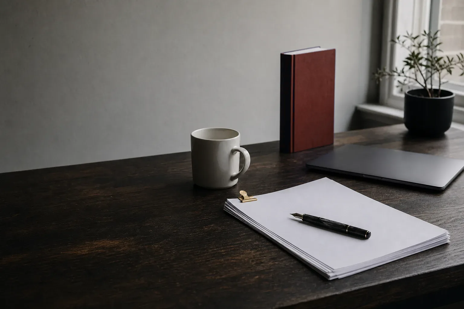 A closed laptop, a clip of plain printed invoices and a red-spined book on a wooden