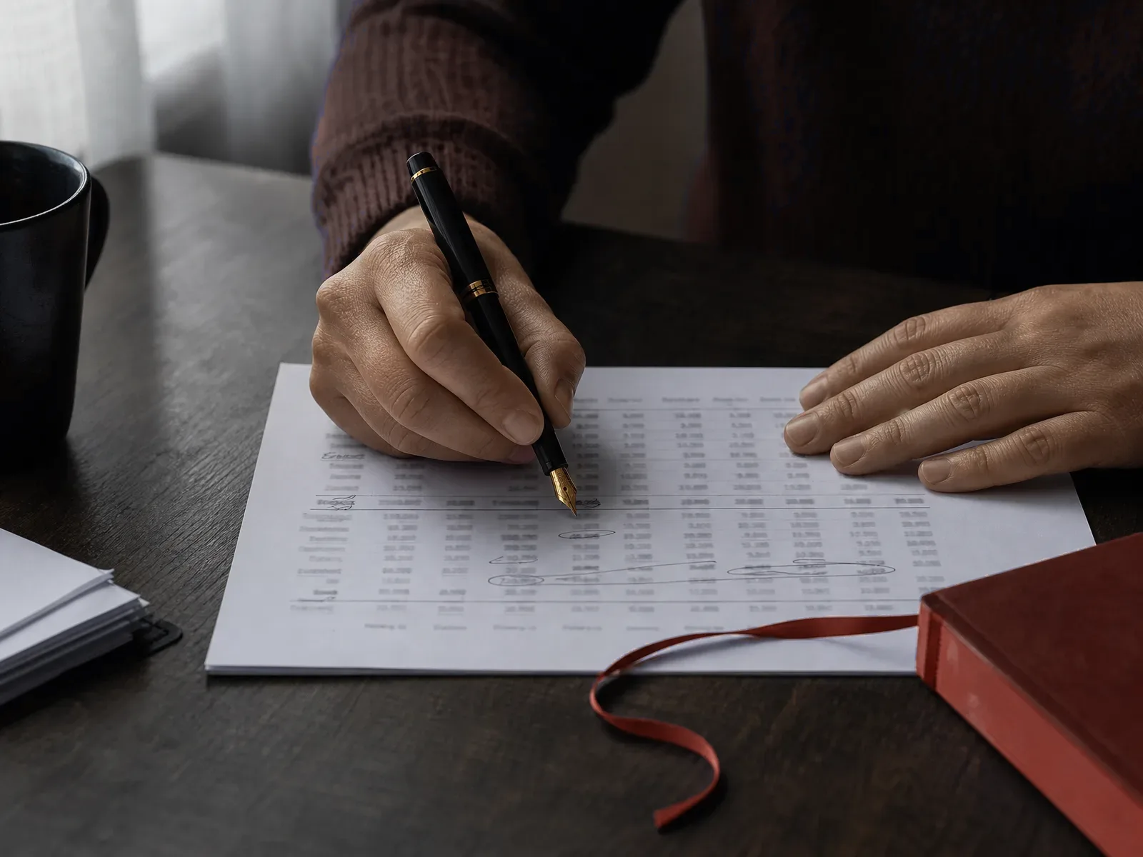 Hands annotating a printed table of unreadable figures with a fountain pen