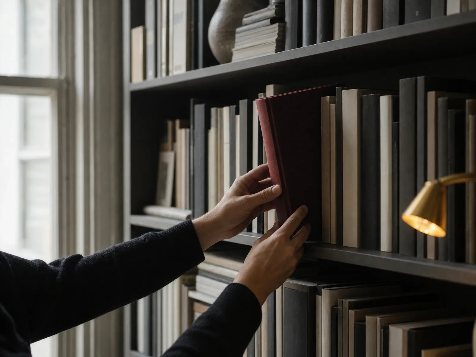 Hands lifting a single hardback with a deep red spine clear of a bookshelf in