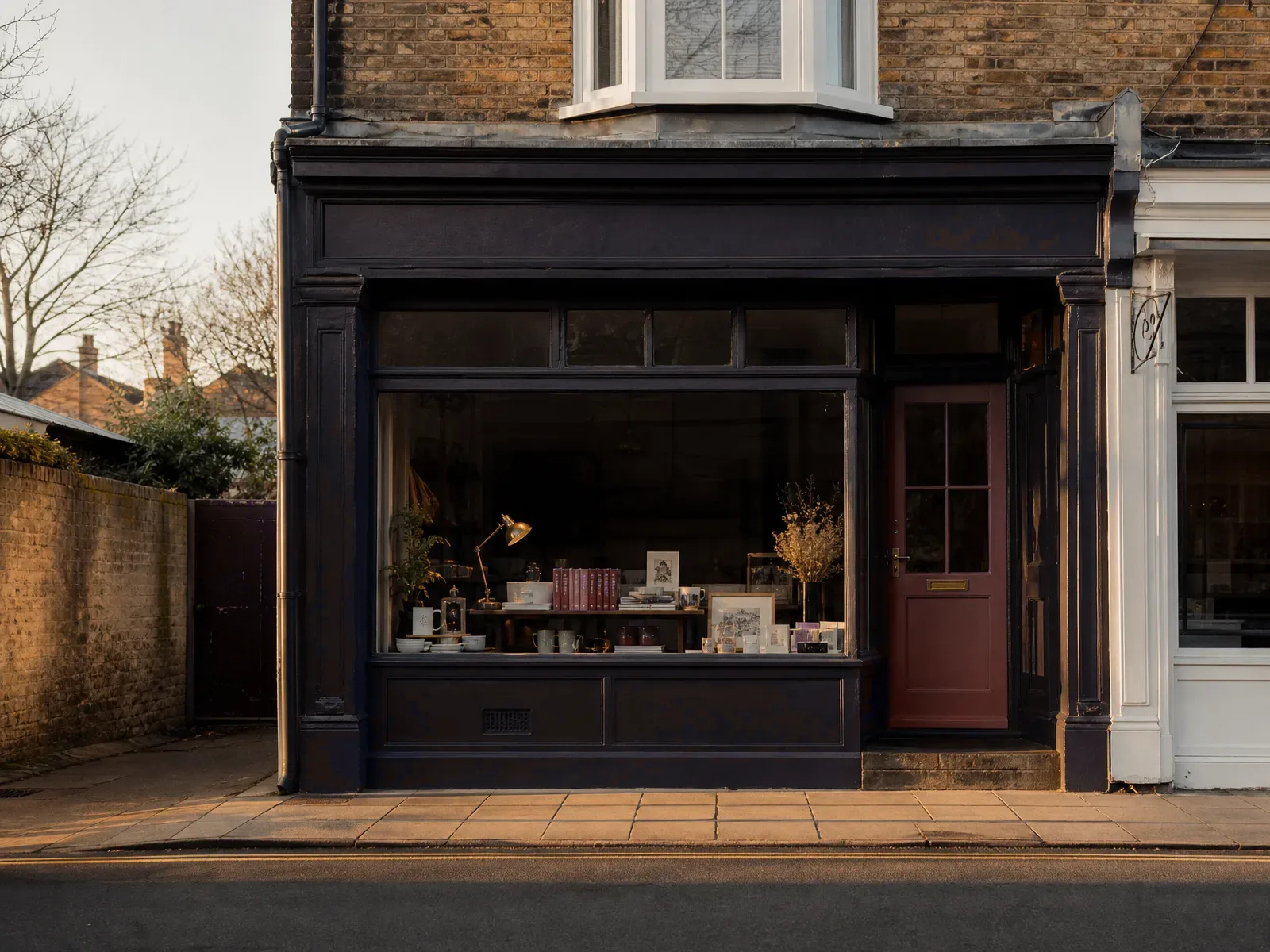 A small independent UK high-street shopfront with a red-painted door