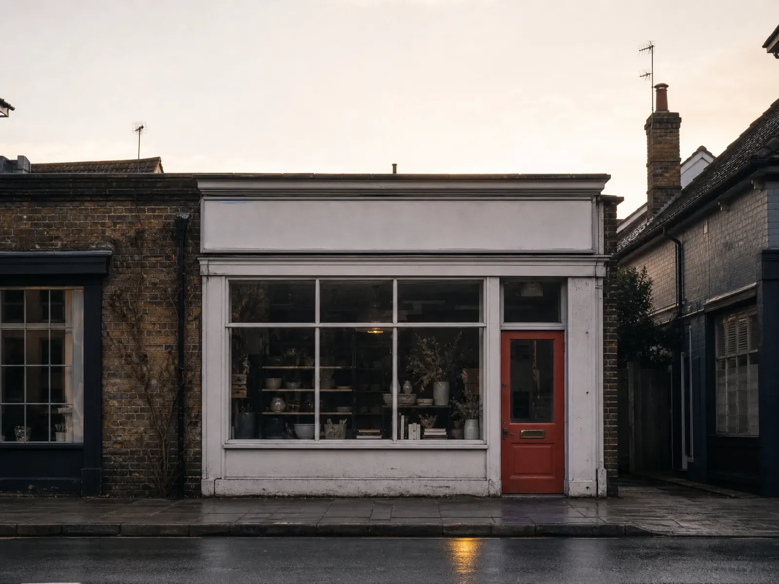 A small independent UK high-street shopfront at golden hour with a red-painted door frame