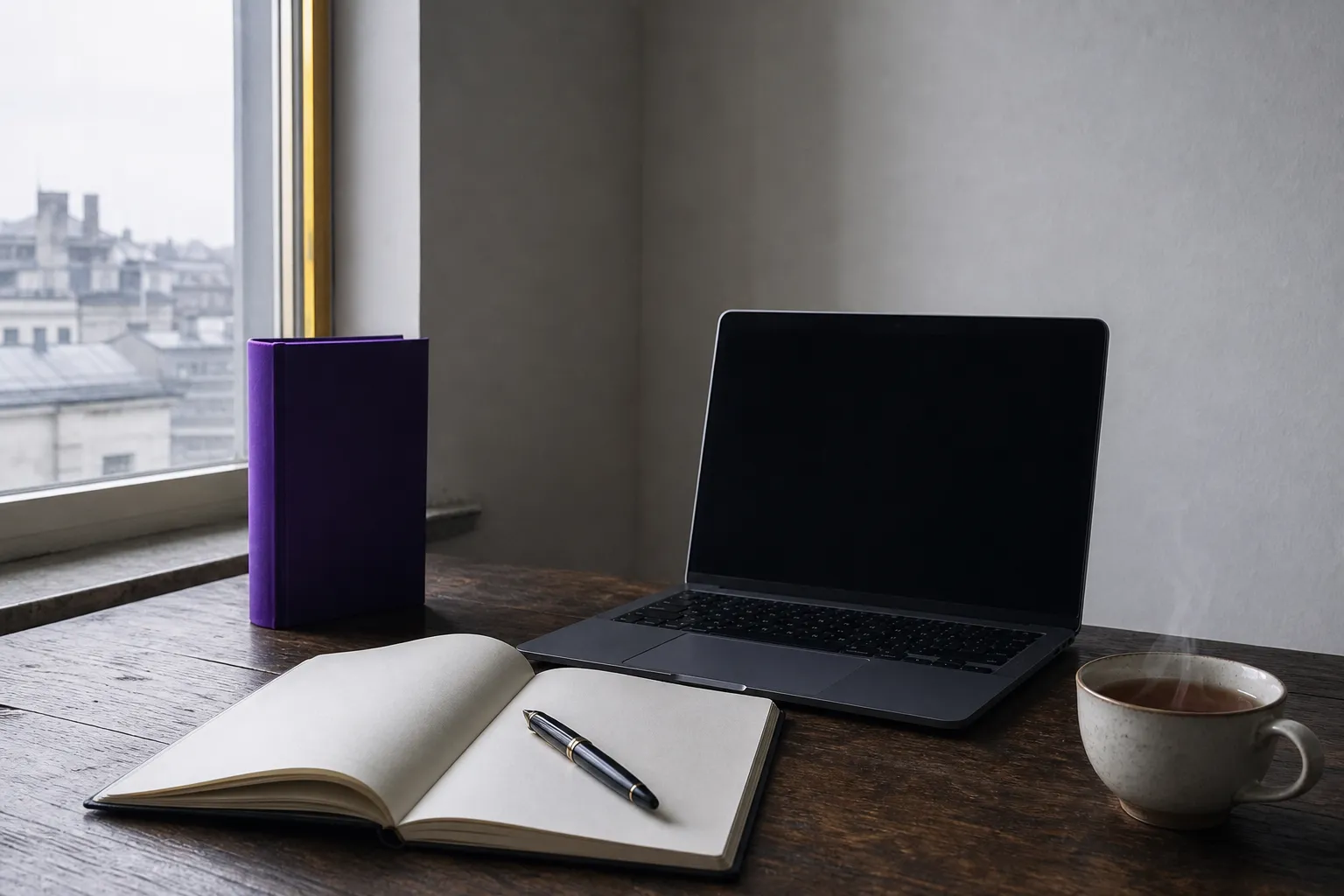 Writing desk in soft daylight with a laptop, open notebook, fountain pen and a violet book spine, illustrating blog SEO.
