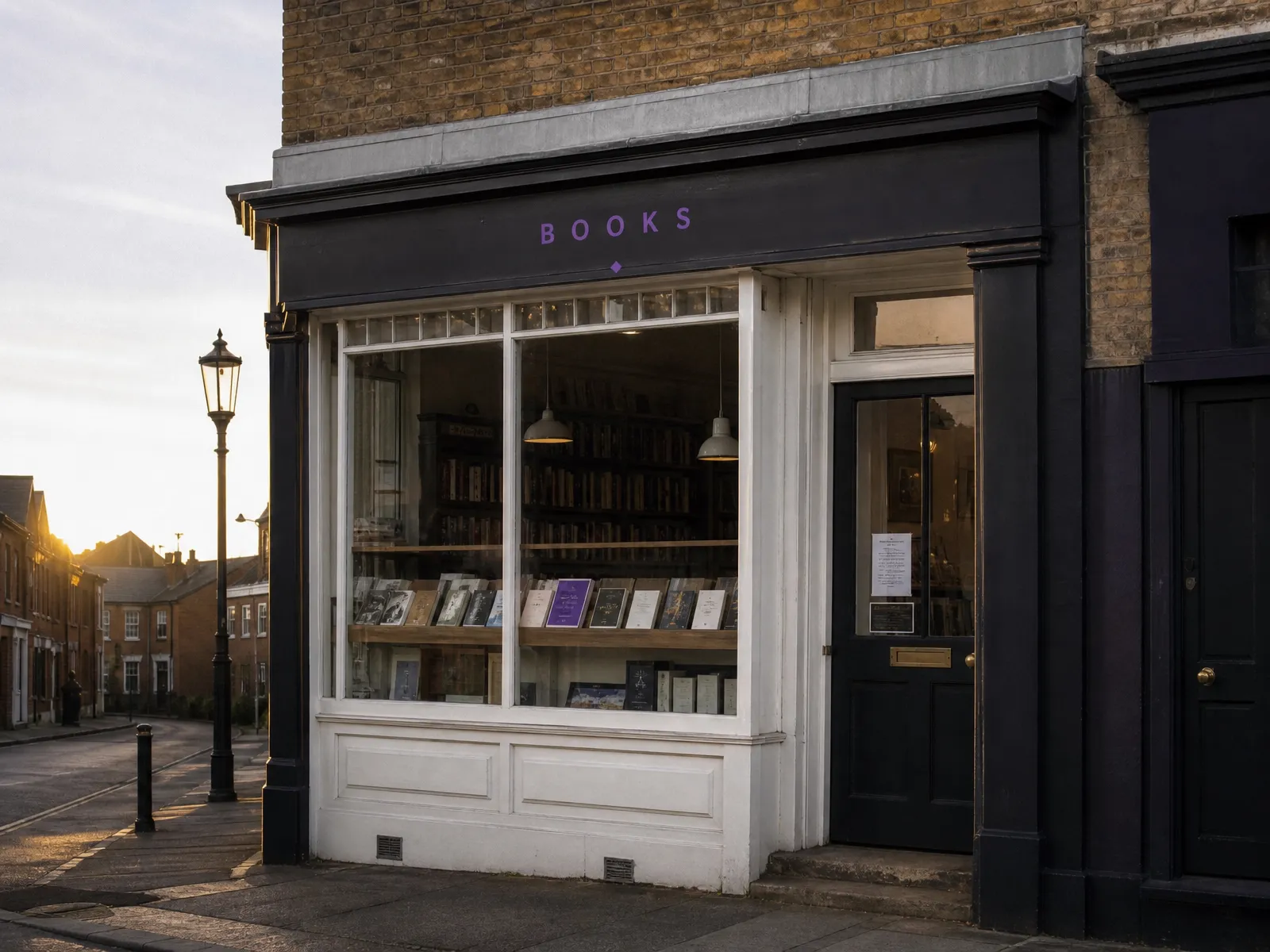 A small independent UK shopfront on a quiet high street at golden hour, no people, illustrating a local business doing steady SEO.