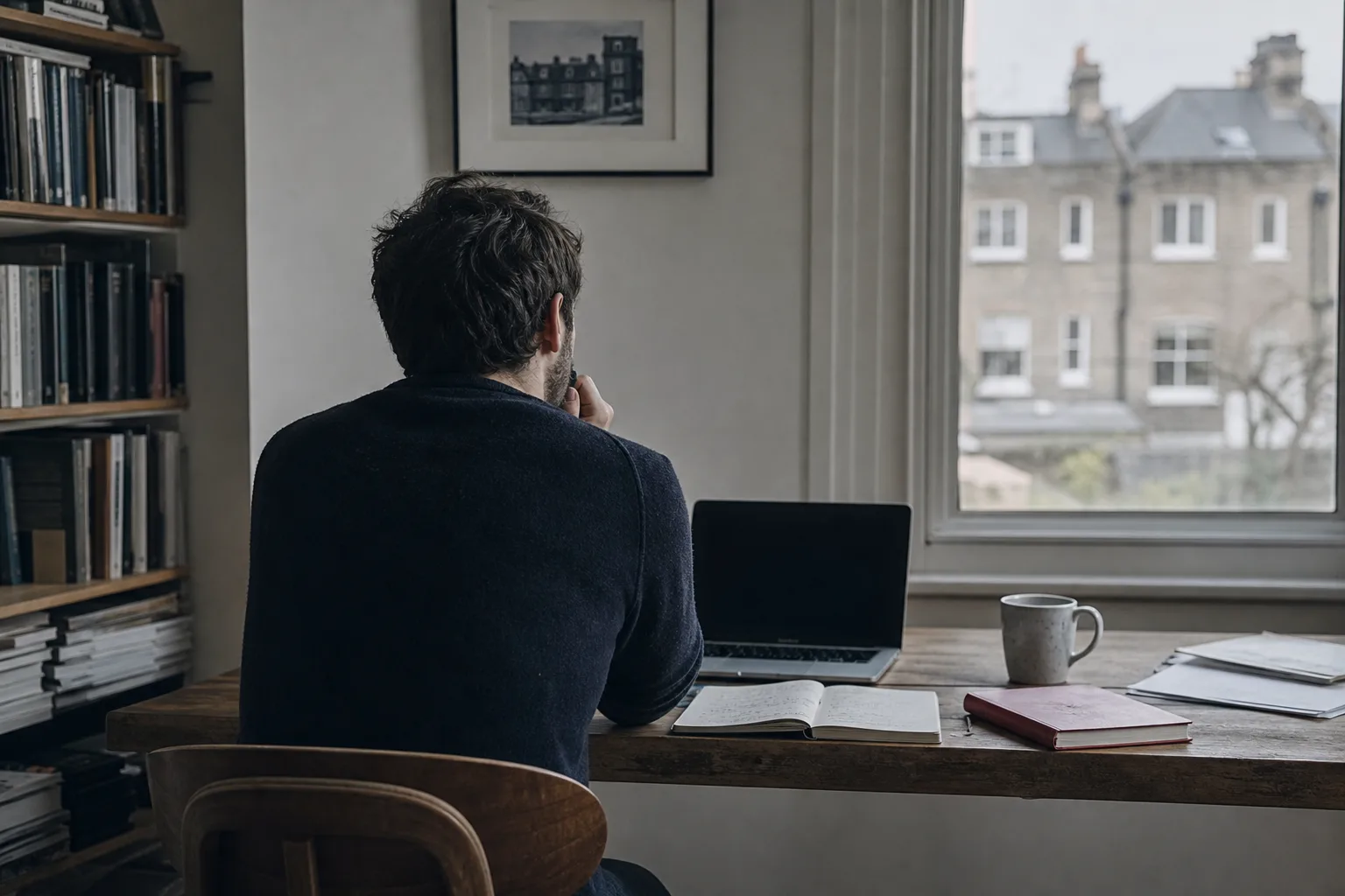 A man at a home-office desk from behind, laptop and window onto terraced houses