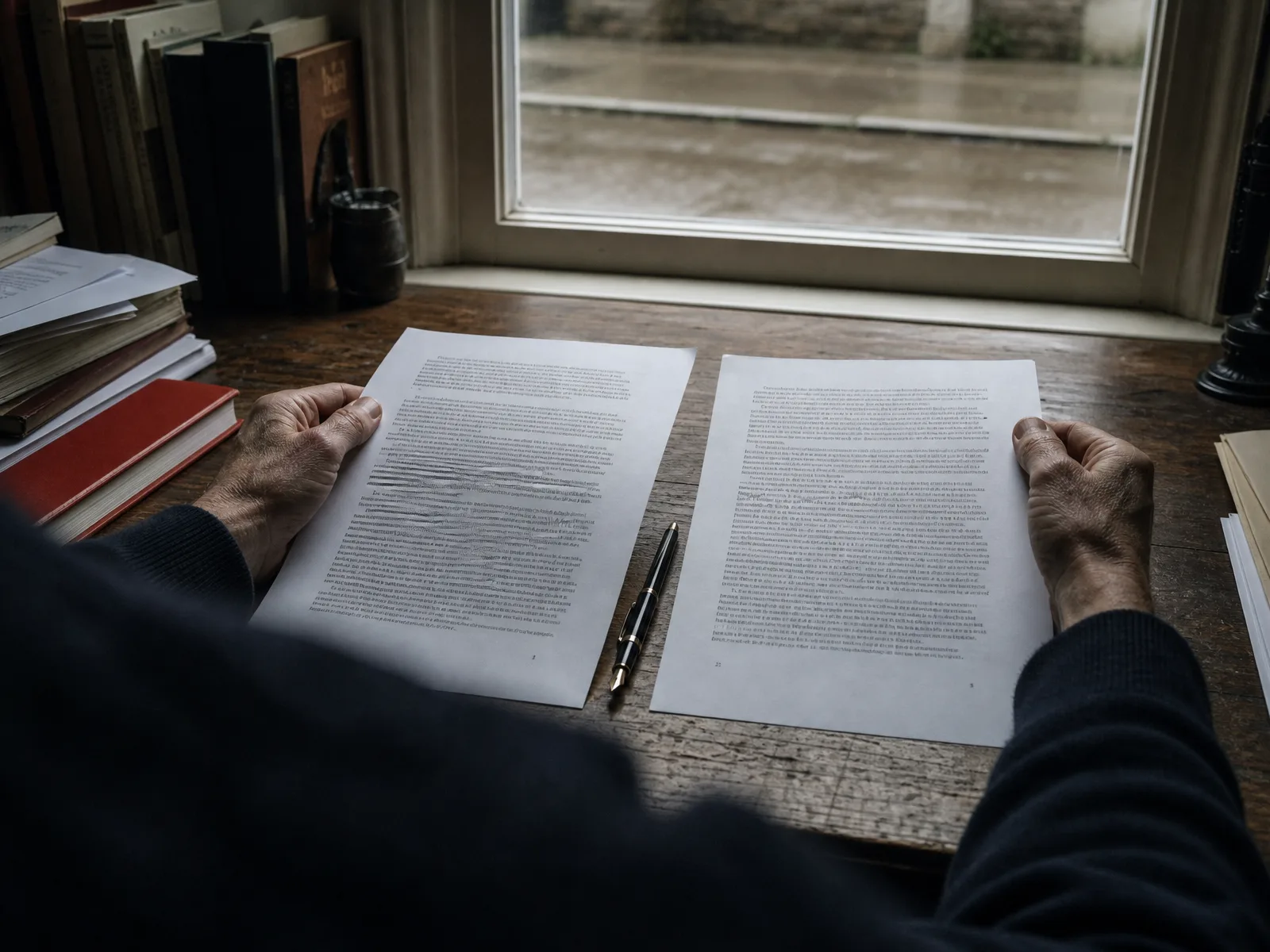 Hands comparing two printed pages side by side on a wooden desk