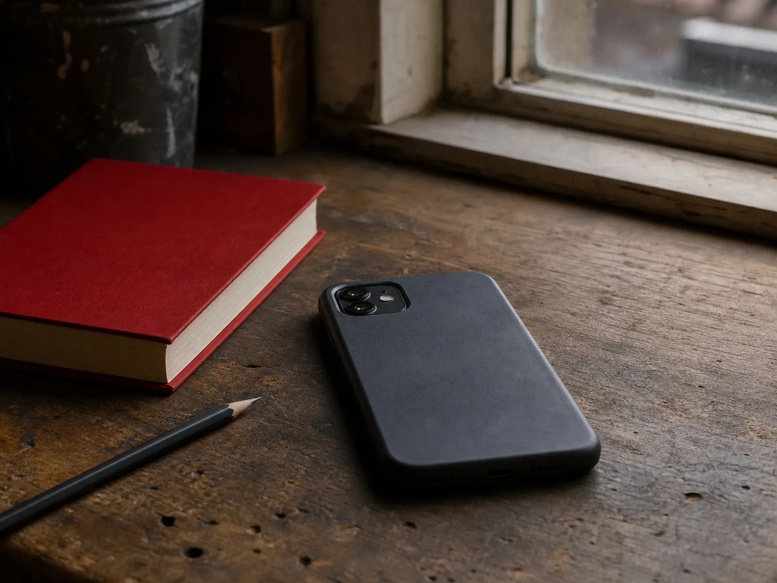 A red hardback, a phone face-down and a pencil on a workbench