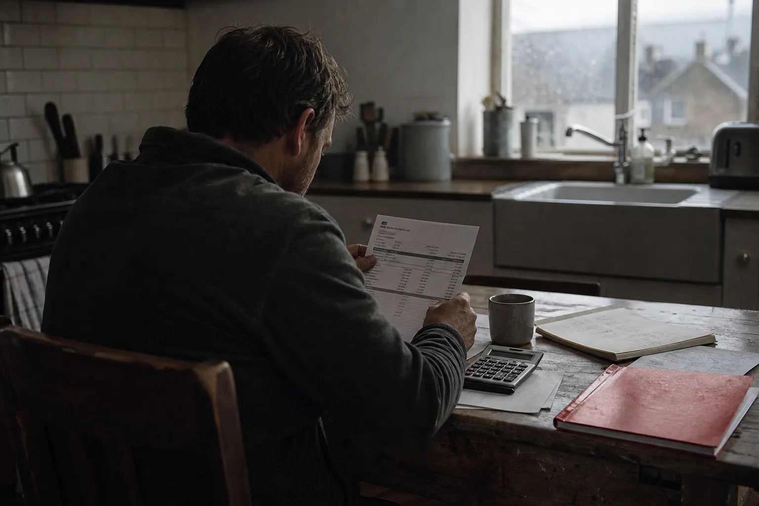 A man at a kitchen table from behind, paperwork and a calculator by a window