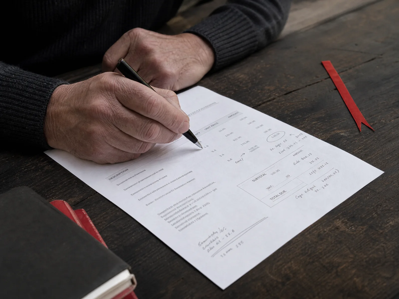 A hand annotating a printed statement with a pen beside a red pencil