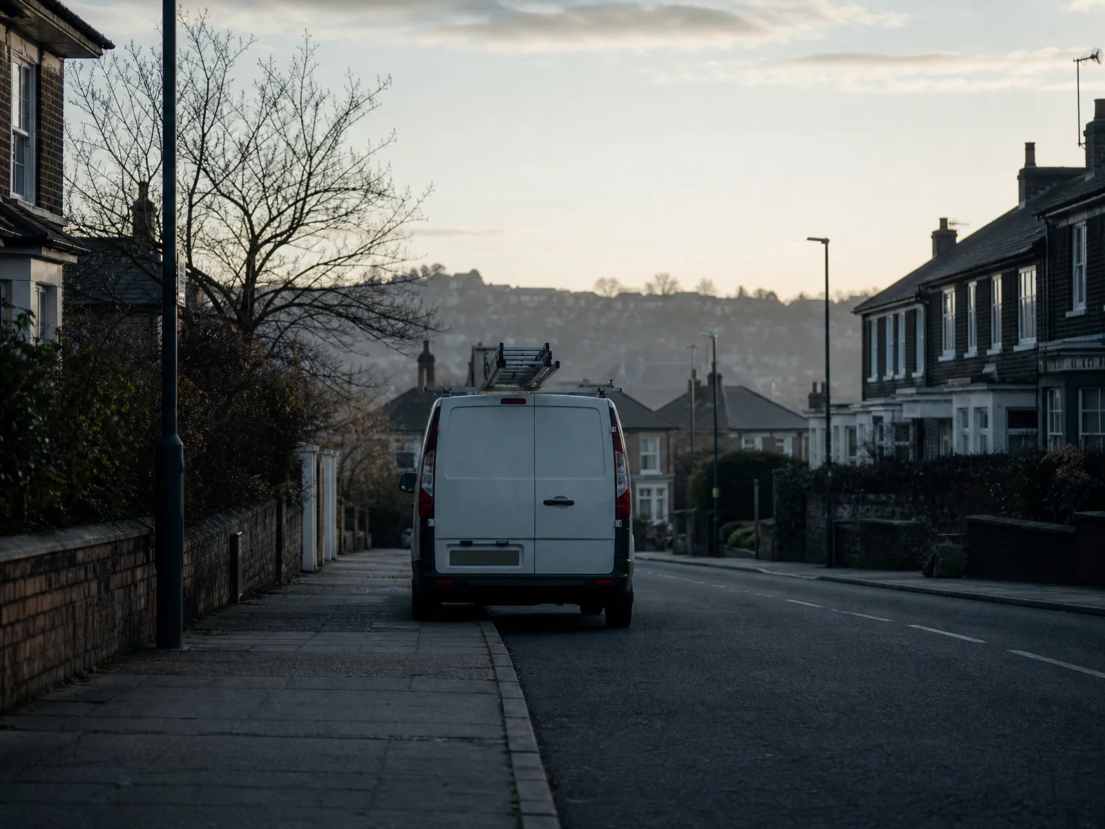 A white van parked on a quiet British residential street at dawn