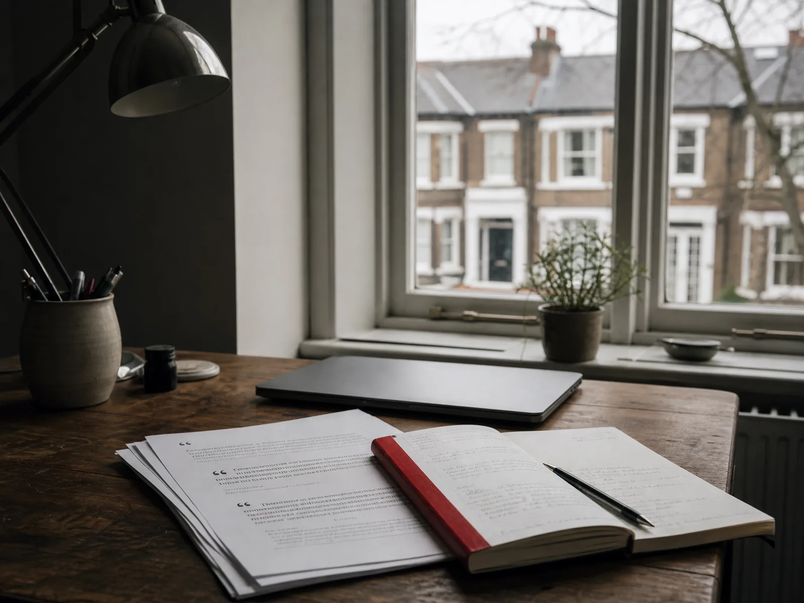 Printed pages and a red-edged notebook on a desk by a sash window