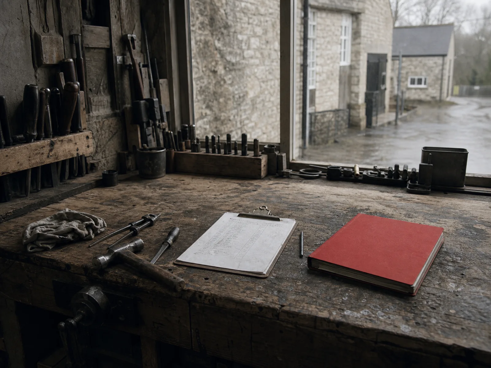 A workshop bench with hand tools, a clipboard and a red notebook