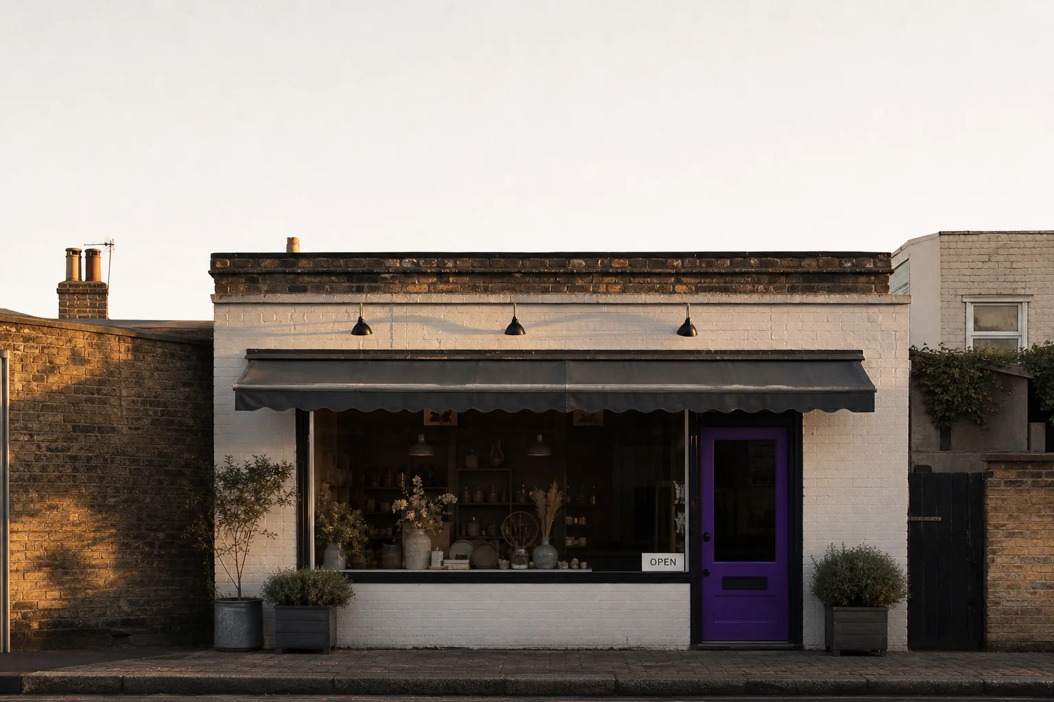 Quiet UK high-street shopfront at golden hour, illustrating Google Business Profile setup for service businesses.