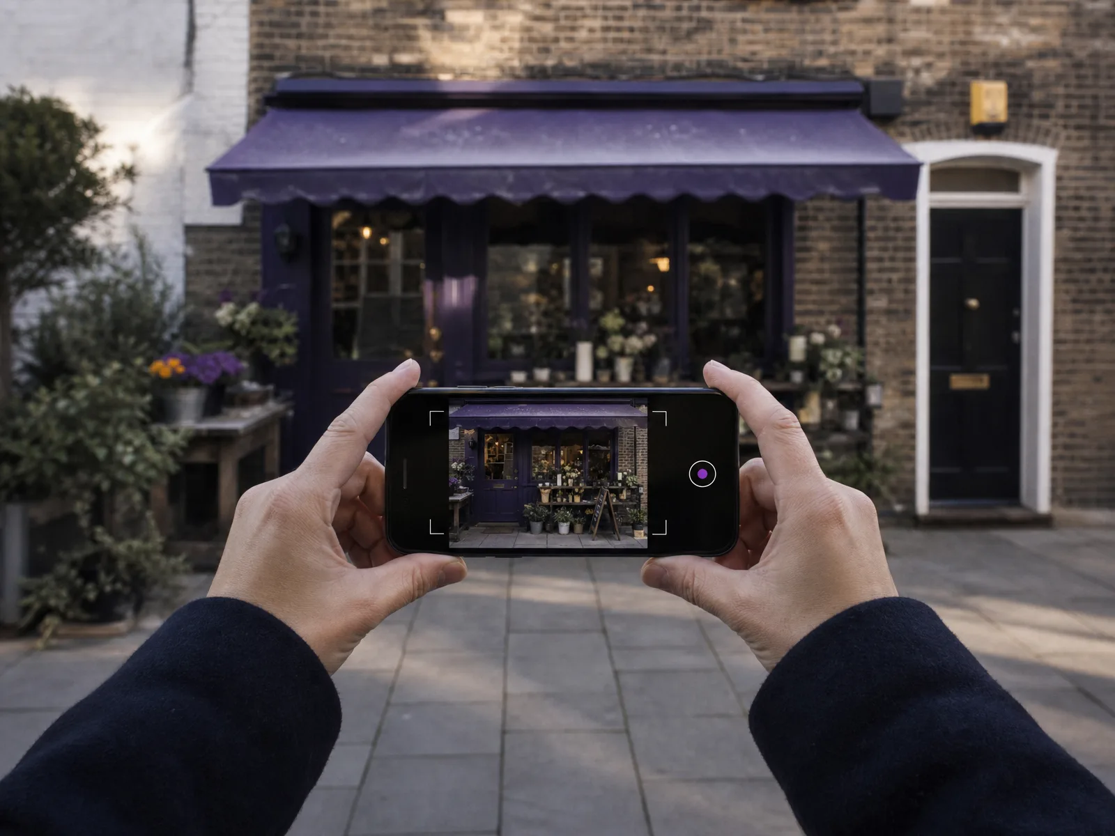 Hands recording a short video on a mobile phone outside a small UK independent shopfront