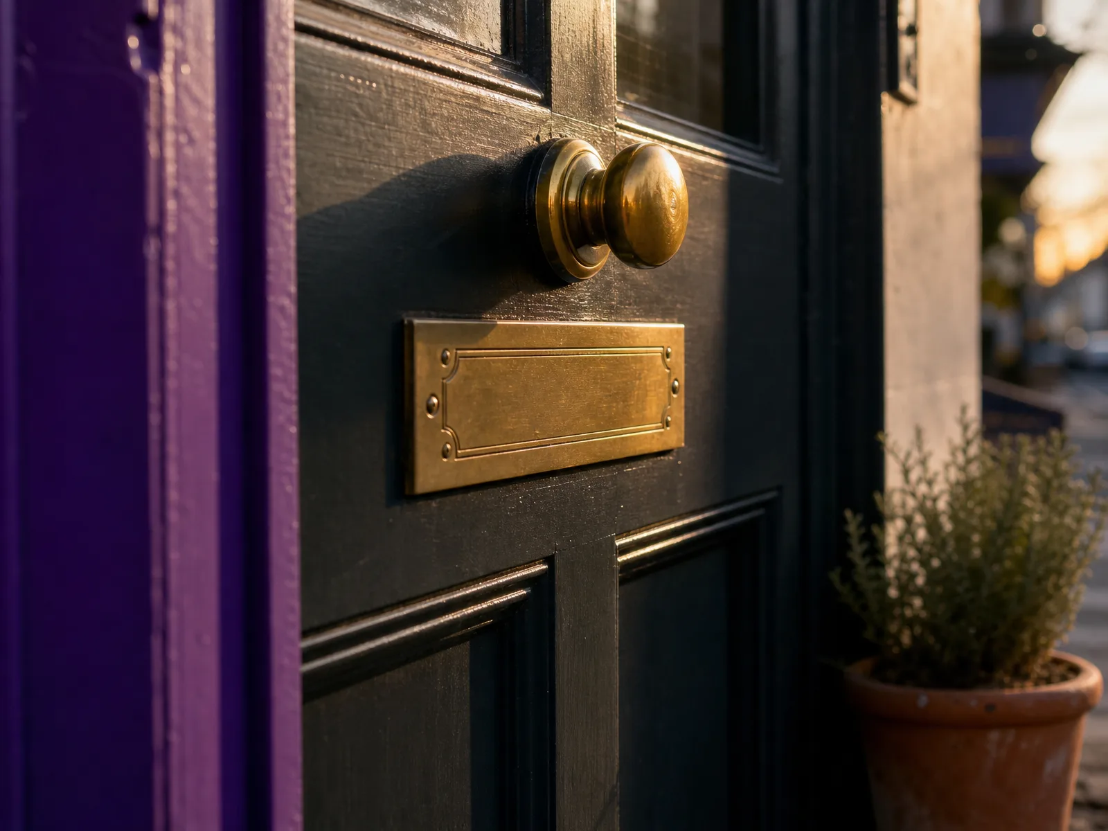 Brass plate and door detail of a small UK independent business at golden hour