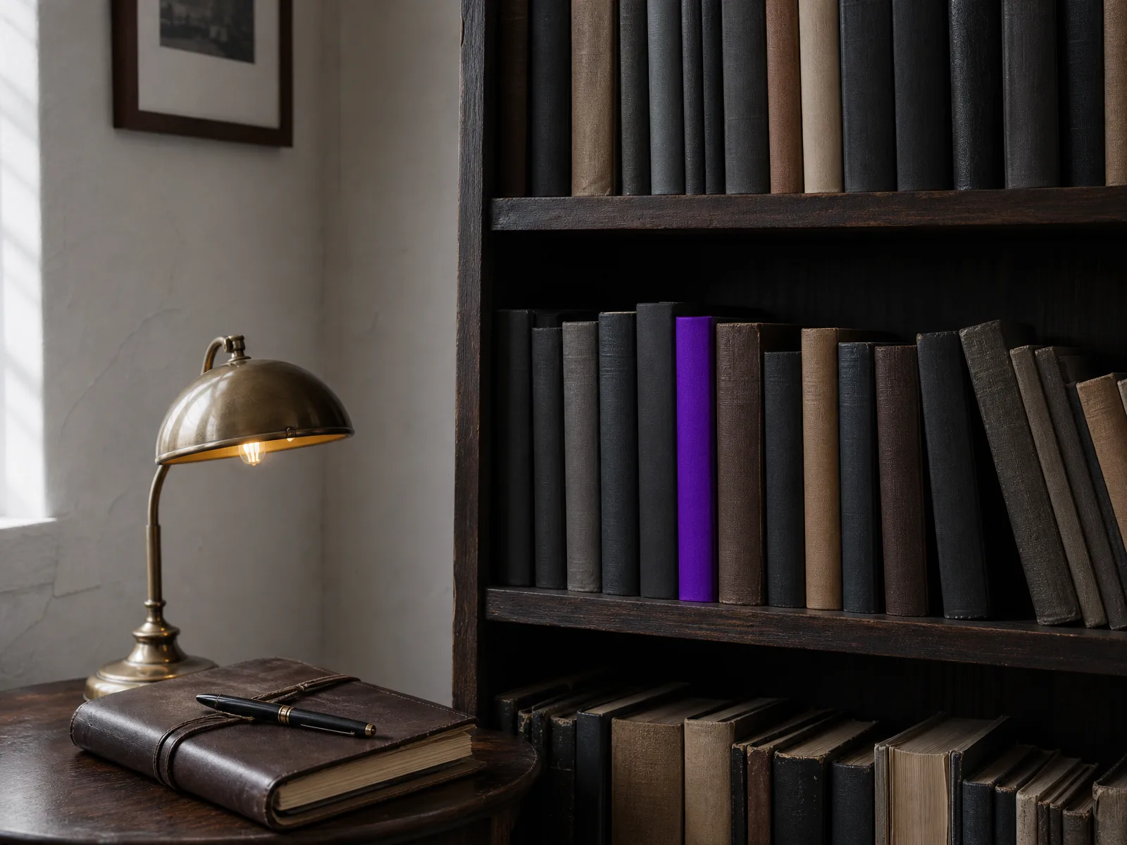 A small bookshelf and warm reading lamp in a quiet UK office corner