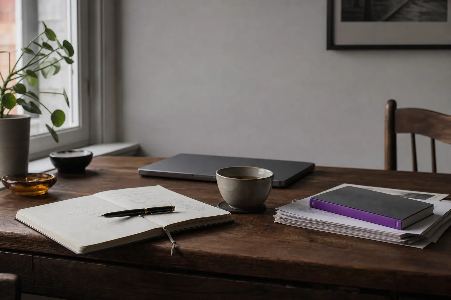 A quiet home-office desk in soft daylight with an open notebook, a pen and a cup, used to illustrate how much SEO costs in the UK.