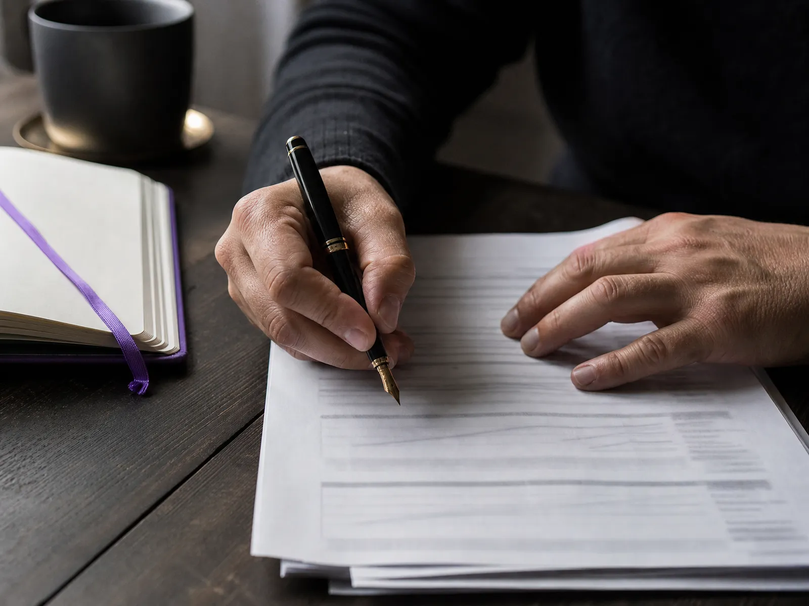 Hands annotating a printed report with a fountain pen on a dark wooden desk, illustrating SEO pricing data.