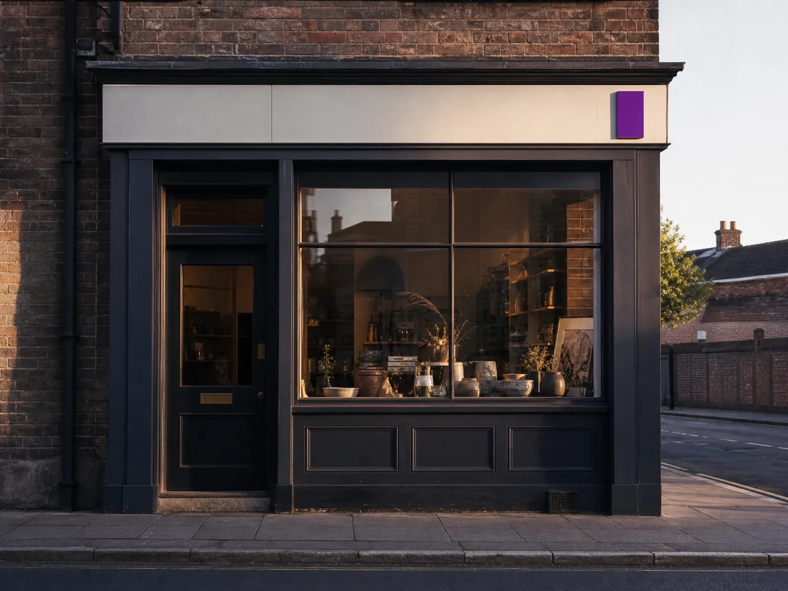 A small UK high-street shopfront at golden hour with a plausible plain fascia, illustrating SEO cost for a small business.