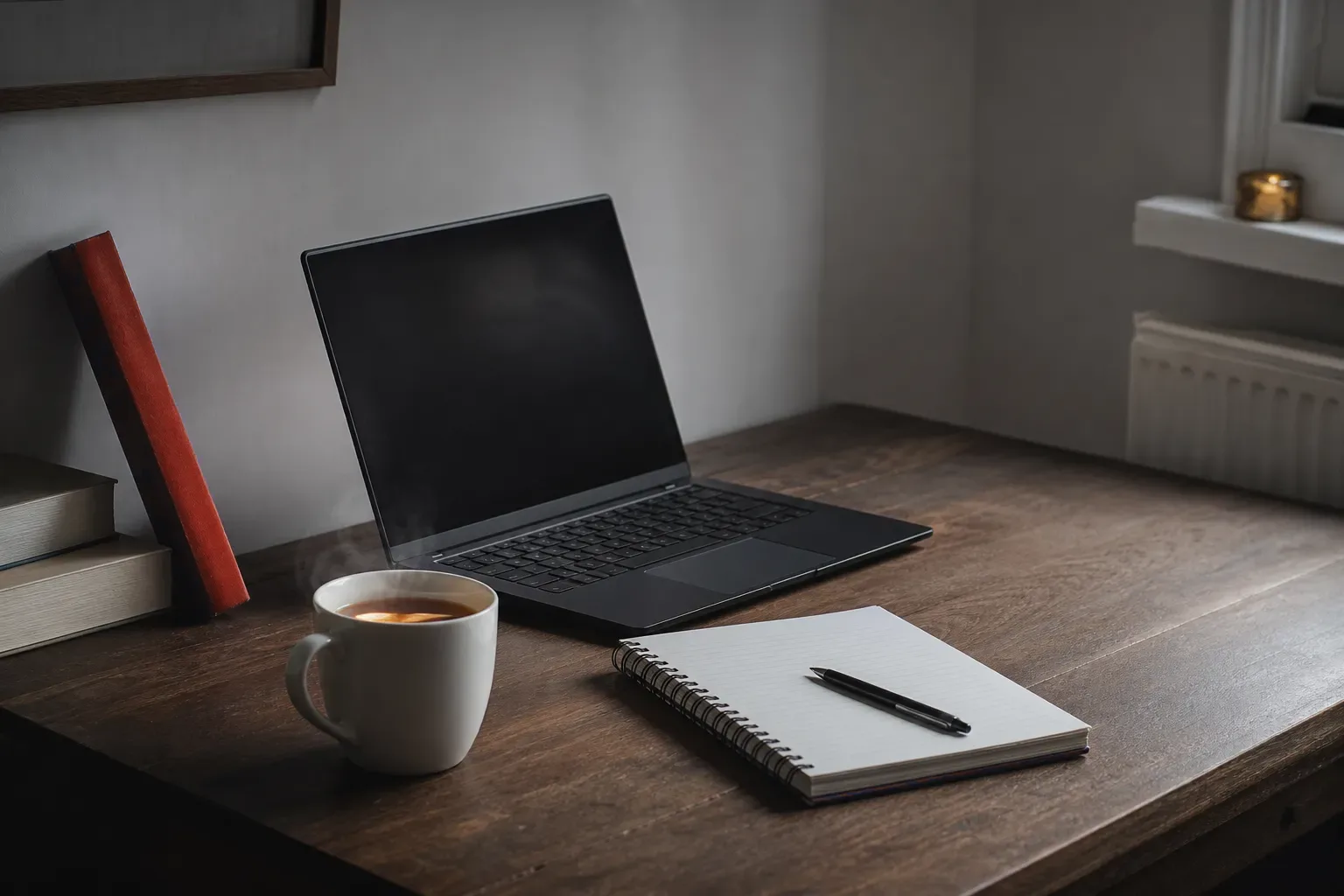 Home-office desk in soft daylight with a laptop, notebook and red book spine