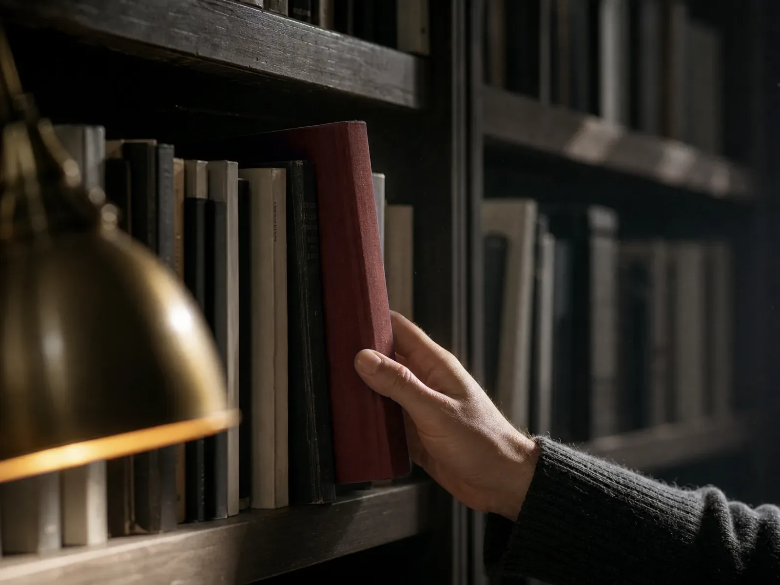 A hand lifting a single book with a deep red cloth spine off a densely packed