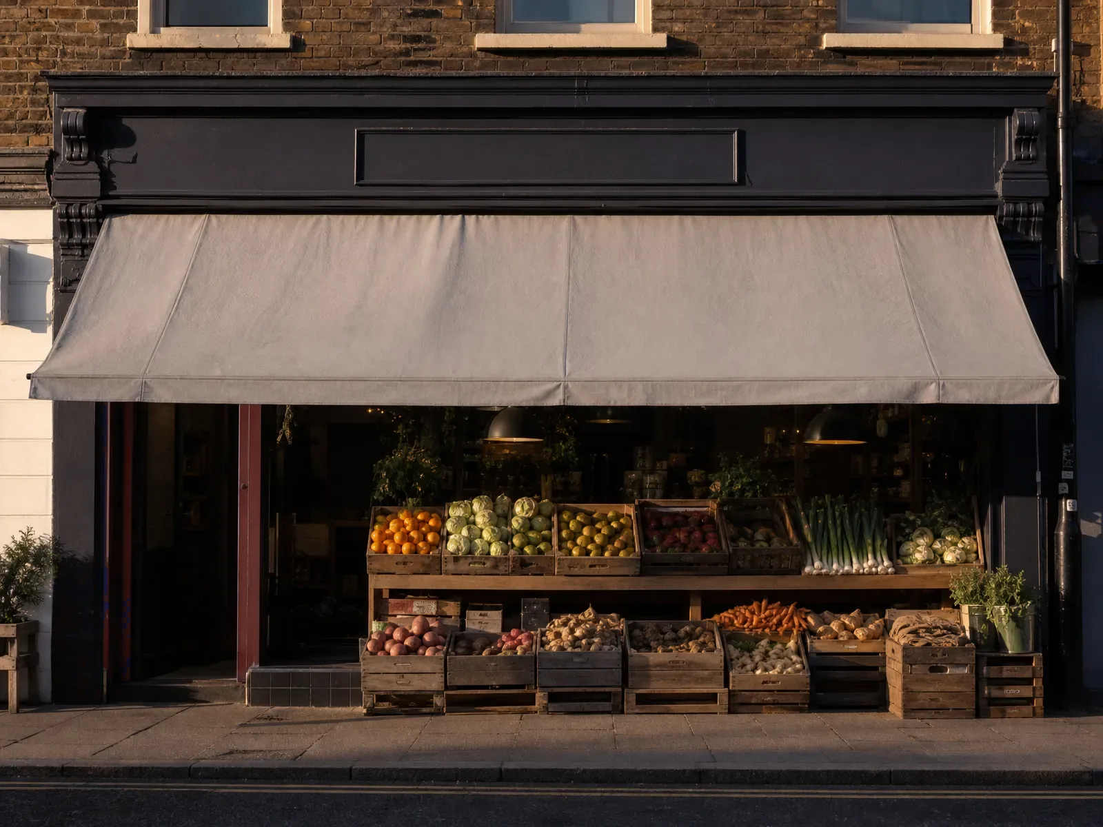 Small independent UK high-street shopfront at golden hour with wooden produce crates under a plain awning