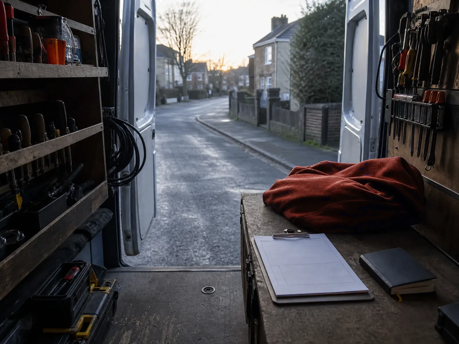 Interior of a small tradesperson's van at first light with racked tools