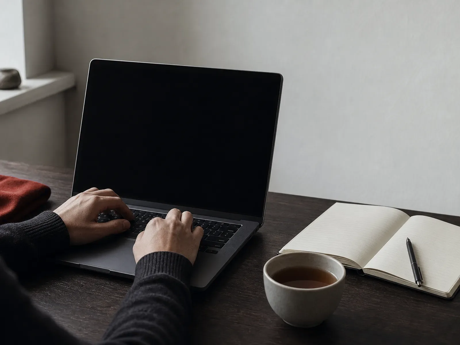 Hands at a laptop keyboard with a dark screen
