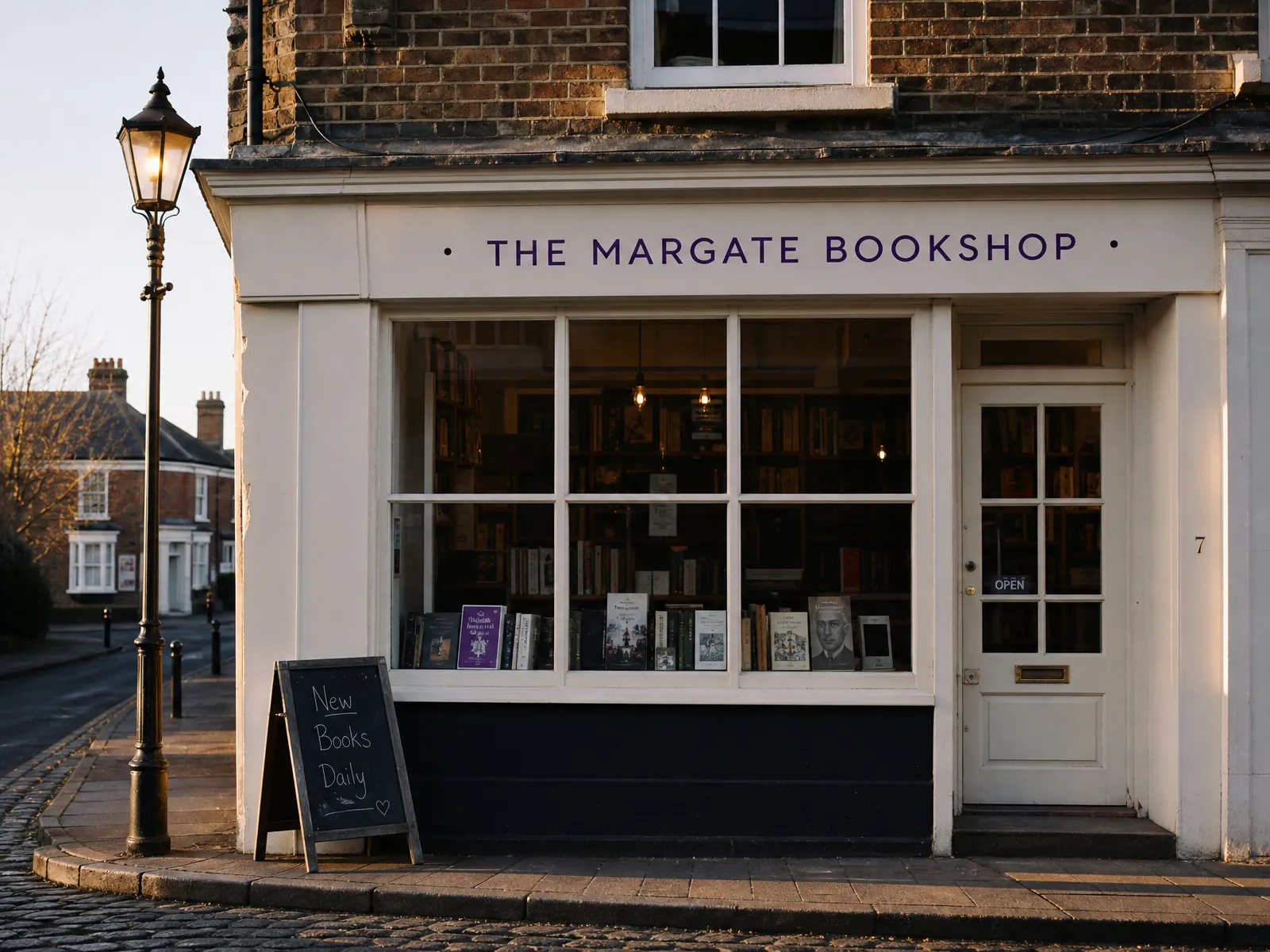 A UK high-street shopfront at golden hour with a subtle violet accent on the sign, showing local link sources.