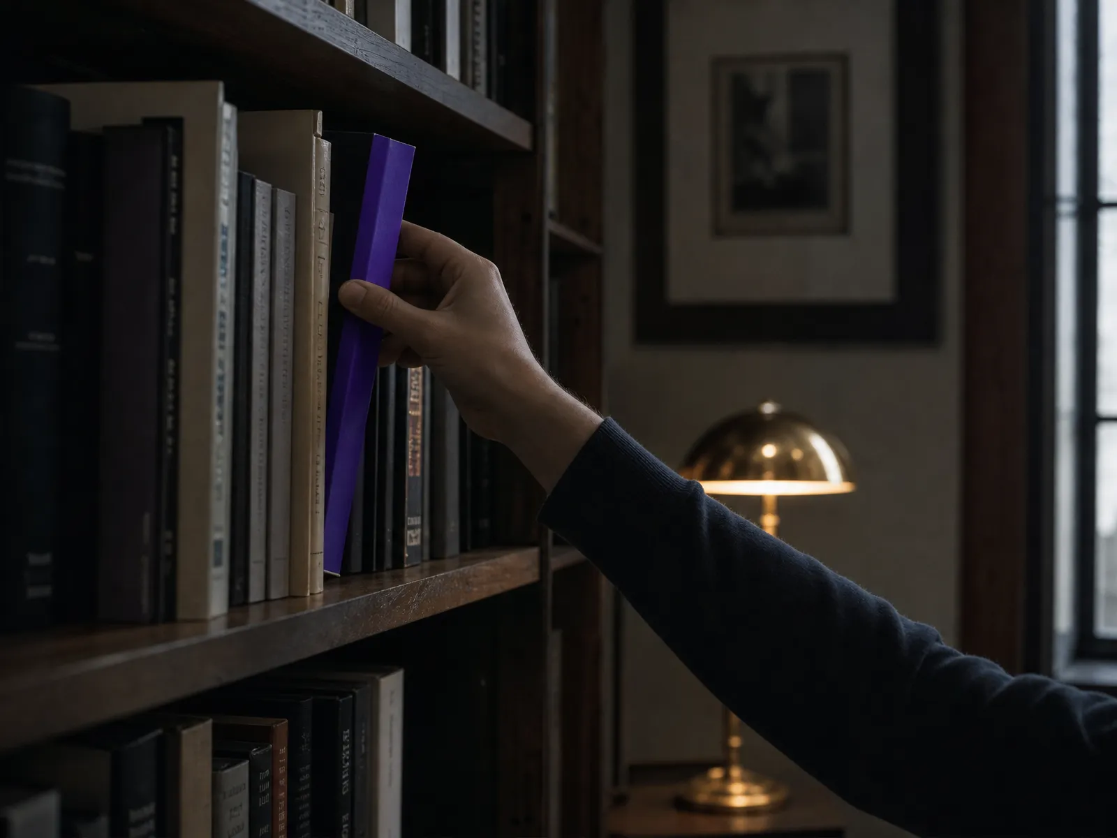 A hand lifting a violet-spined book from a bookshelf beside a small lamp, illustrating authority earned slowly over time.