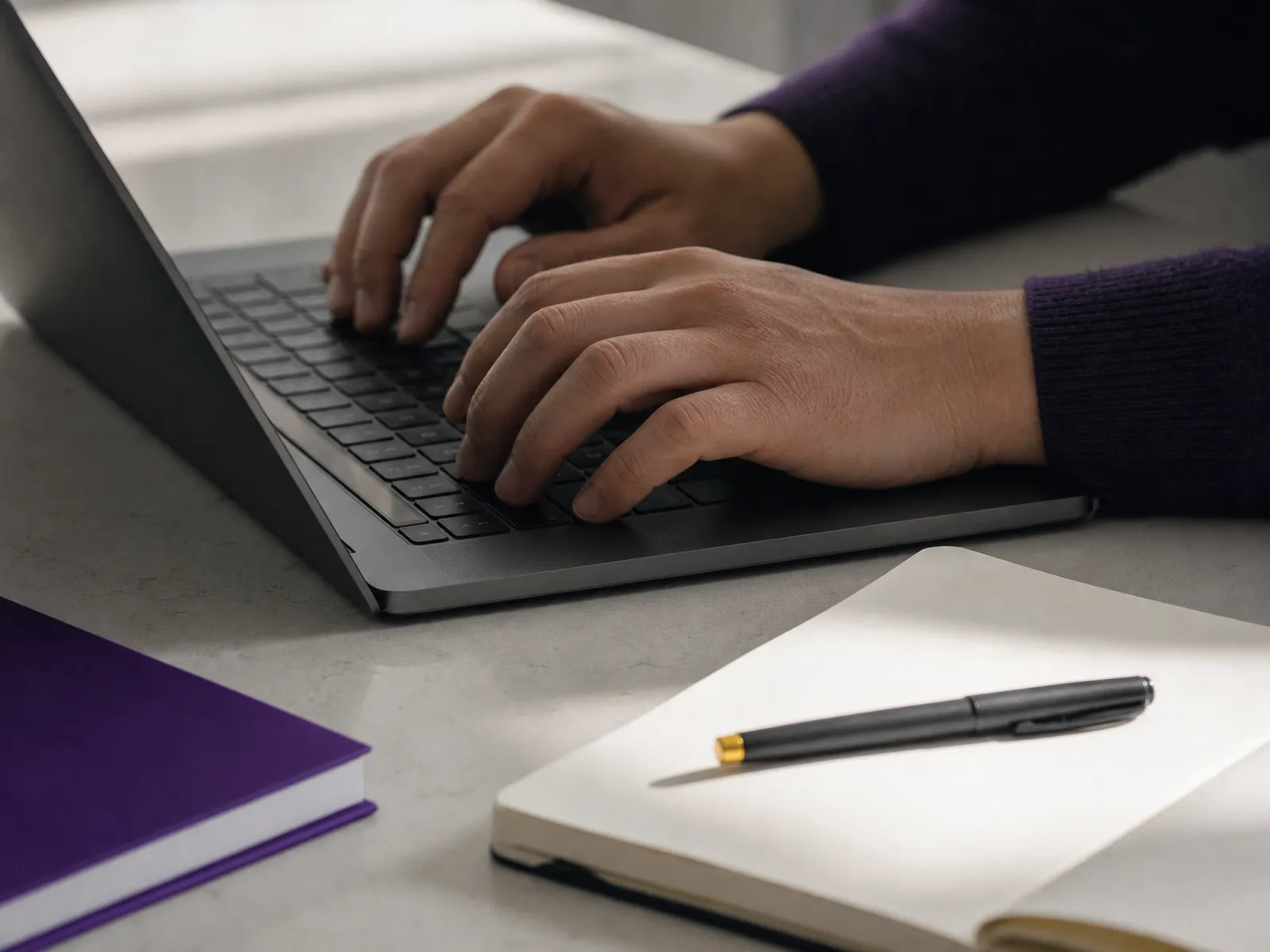 Hands resting on a laptop keyboard beside an open notebook in soft daylight, illustrating on-page SEO groundwork.