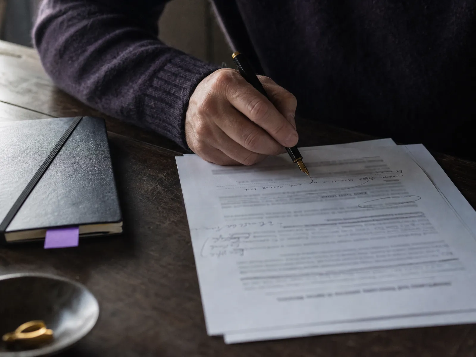 A hand annotating a printed report beside a notebook with a violet bookmark, illustrating a careful off-page SEO review.