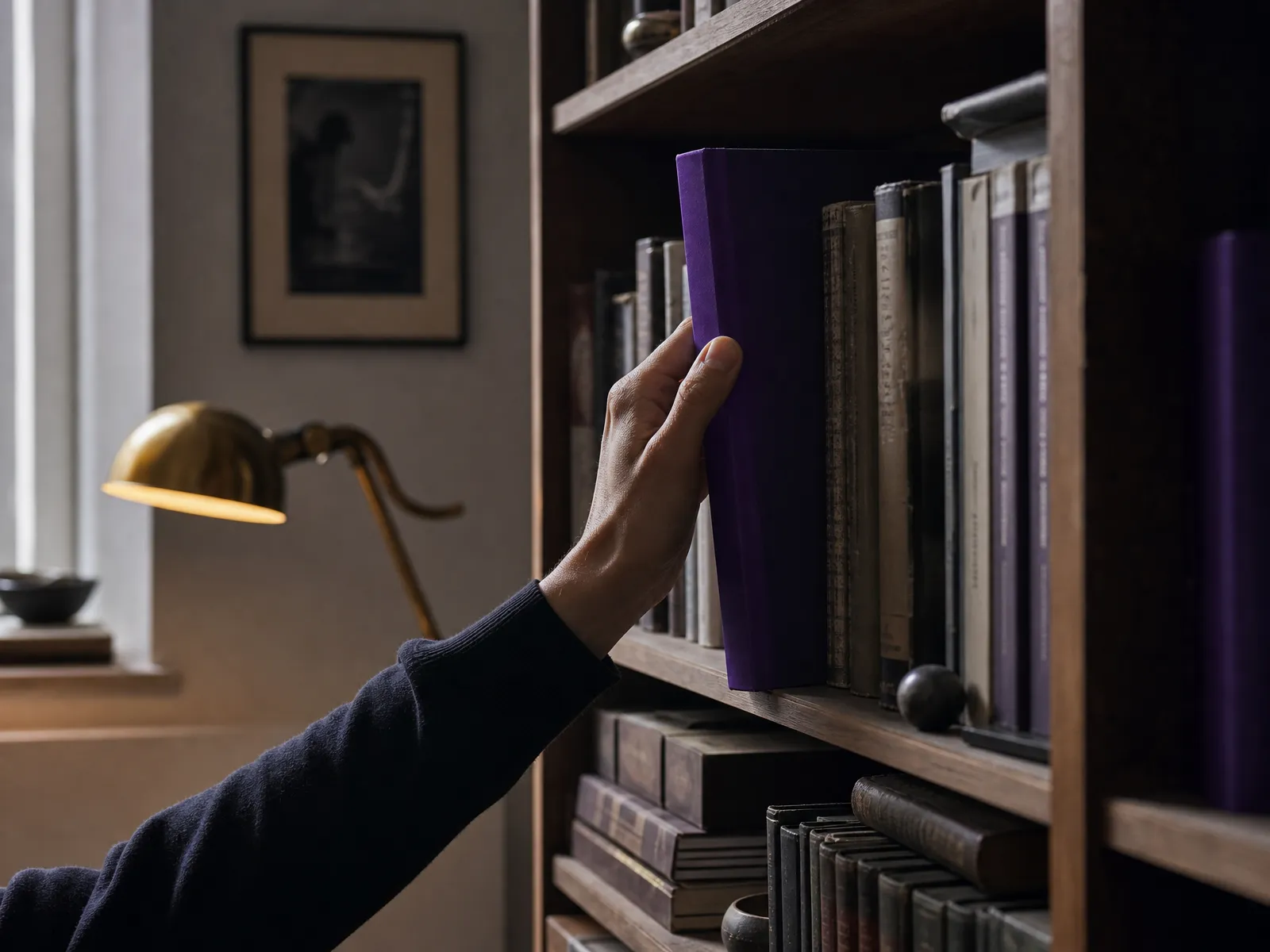A hand lifting a violet-spined book from a bookshelf beside a small lamp, illustrating authority earned slowly over time.