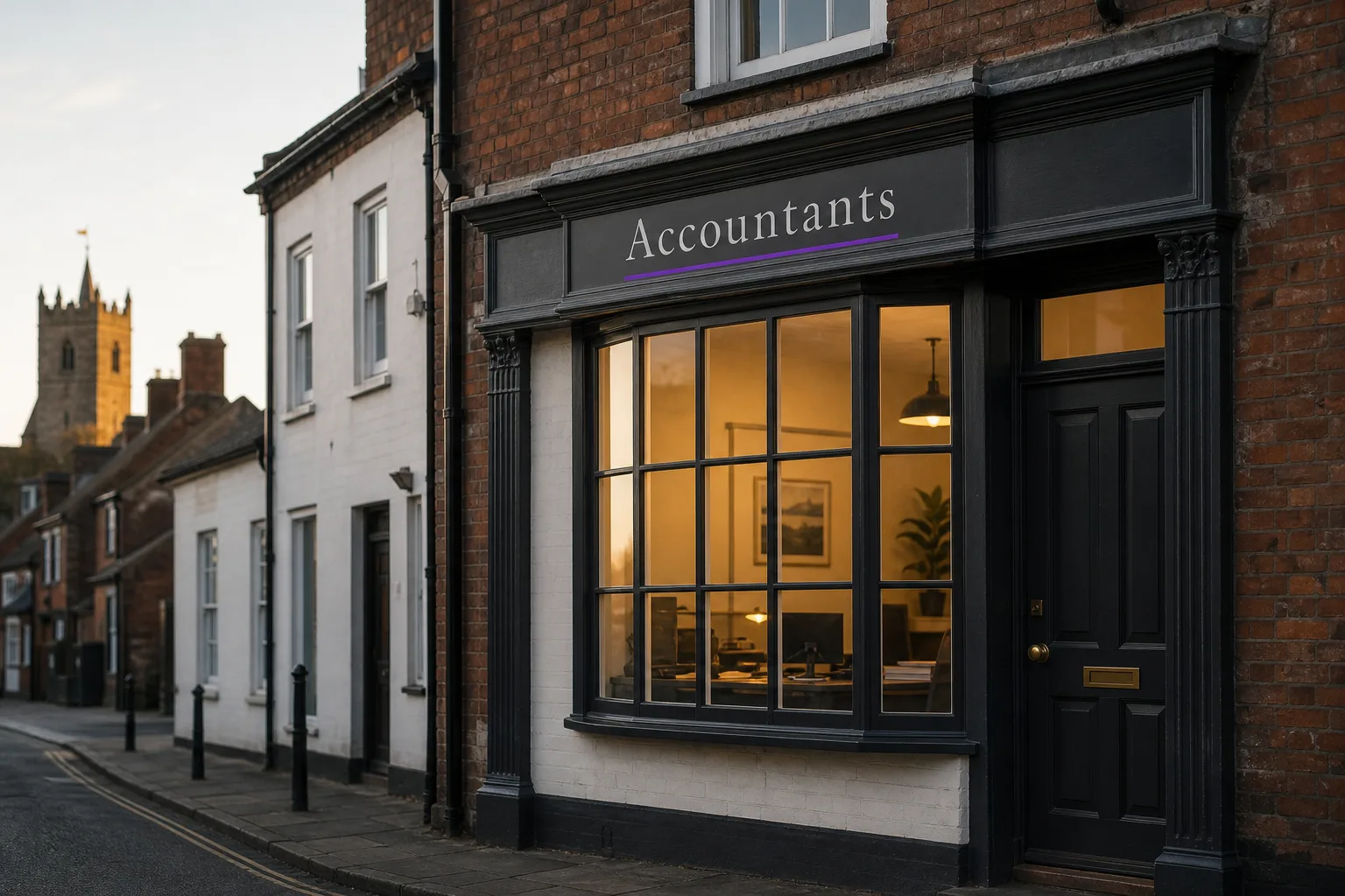 A small independent UK accountancy practice on a quiet high street at golden hour