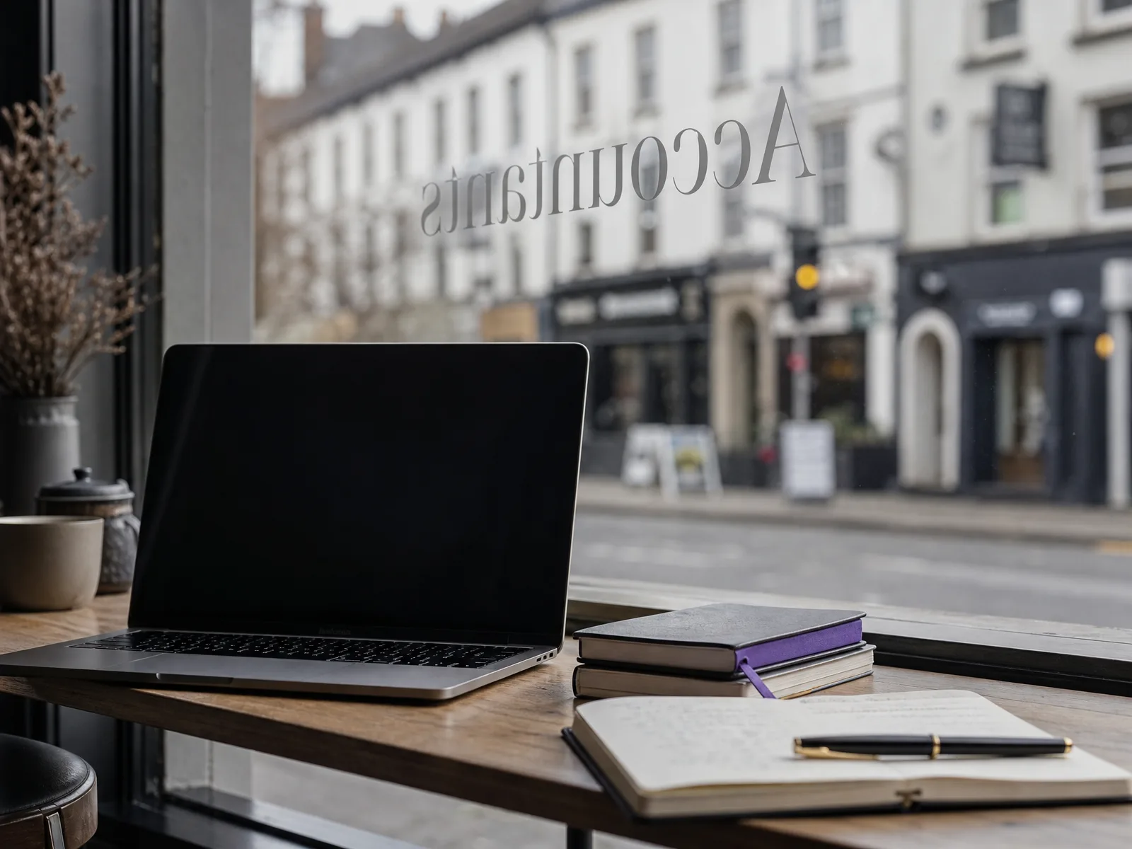 View through an accountancy practice window onto a Slough high street, open laptop on the counter