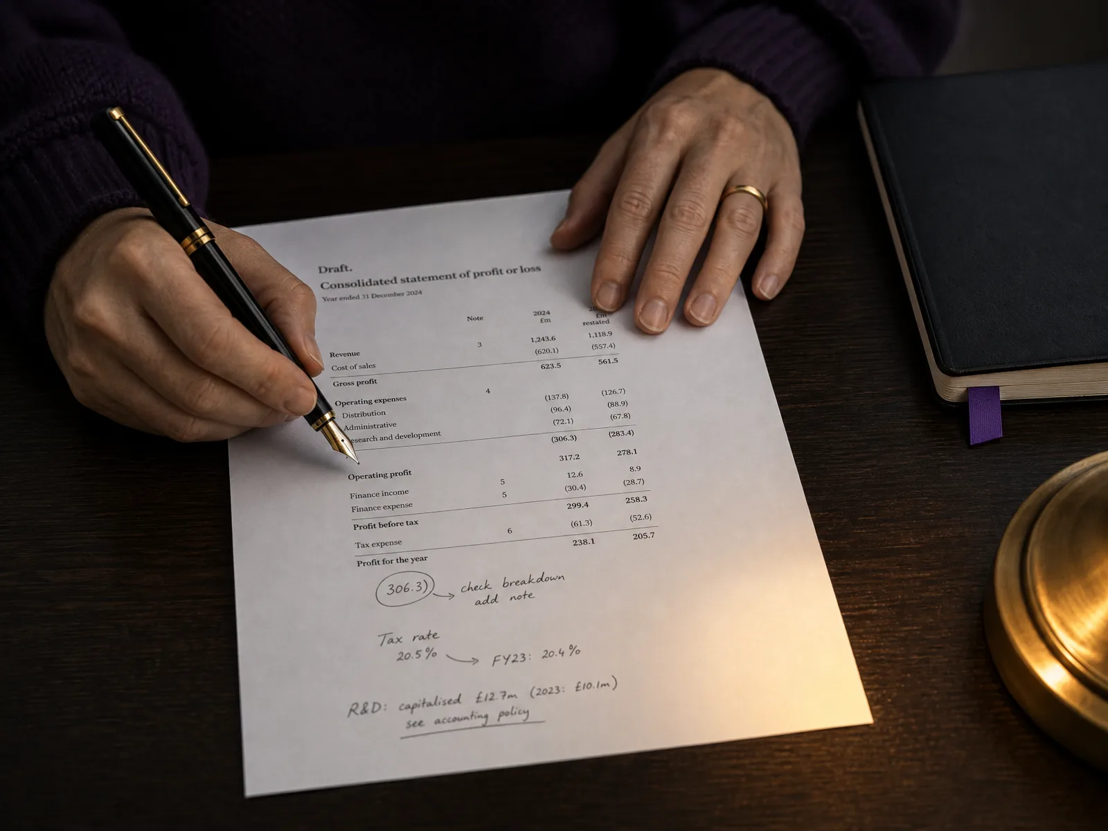 Hands annotating a printed company accounts draft with a fountain pen beside a violet bookmark