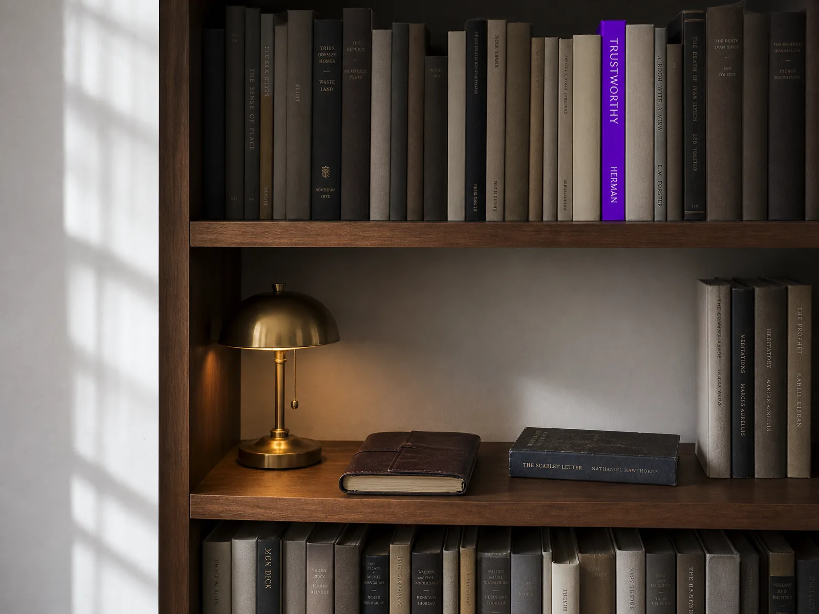 A library-style study with a violet-spined book on a wooden shelf beside a small lamp