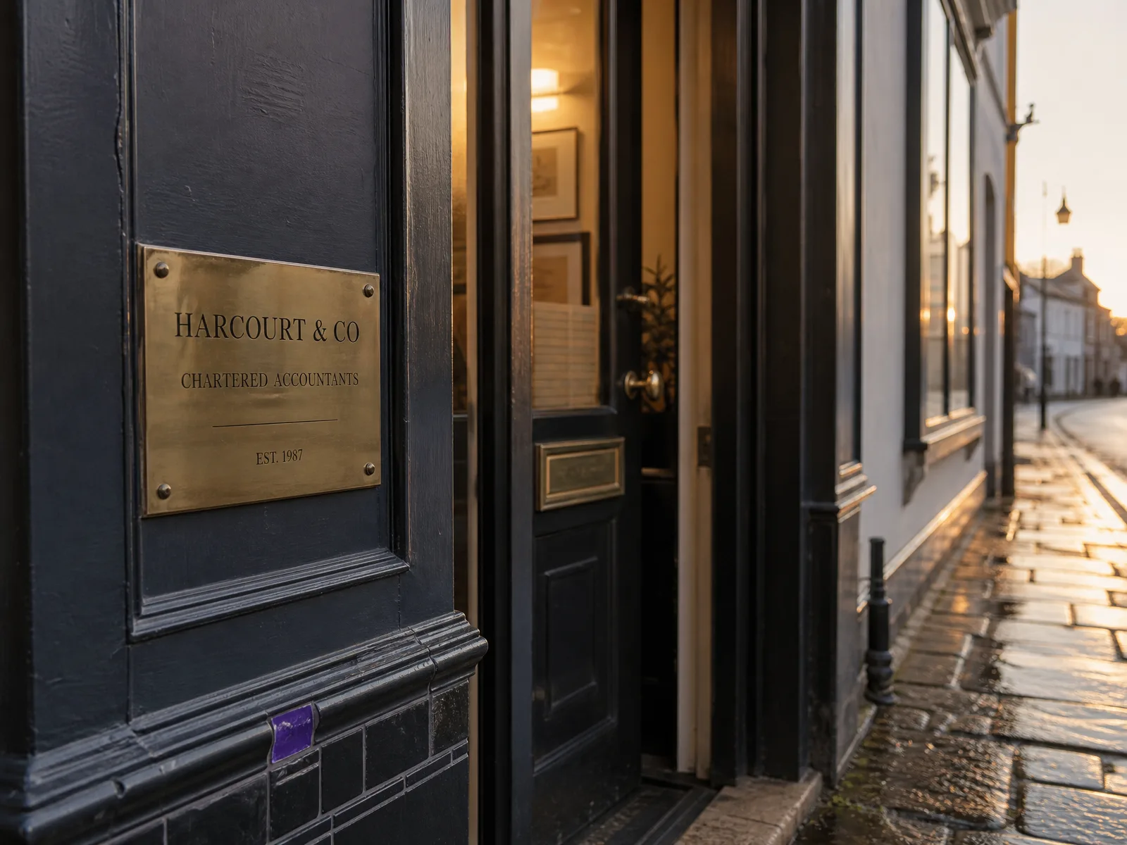 A small high-street accountancy office in Slough at golden hour, brass nameplate beside the front door