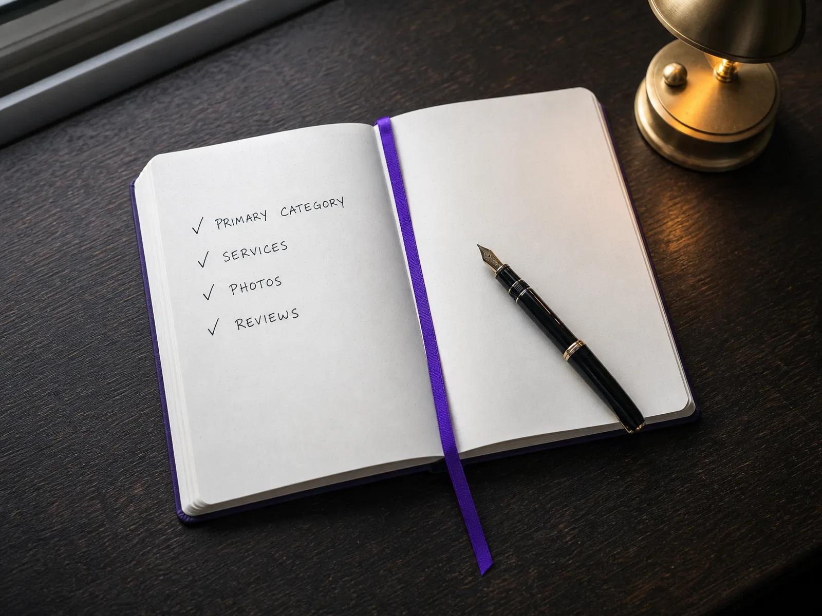 An open notebook with a handwritten Google Business Profile checklist for a UK dental practice.