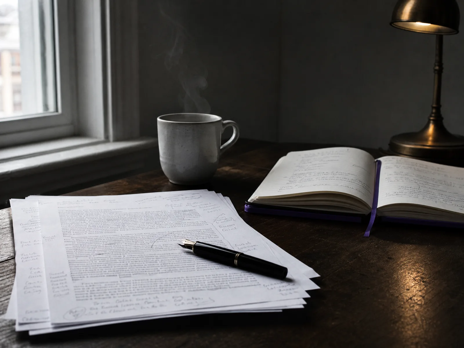 A desk shot of handwritten research pages, an open notebook with violet ribbon, and a brass lamp.
