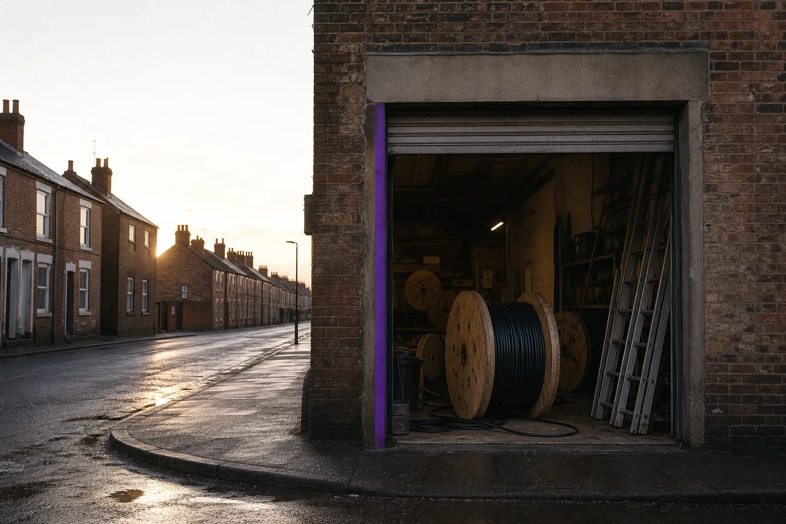 Open roller shutter of a small electrical contractor's unit on a UK high street at golden hour, cable drums stacked inside.