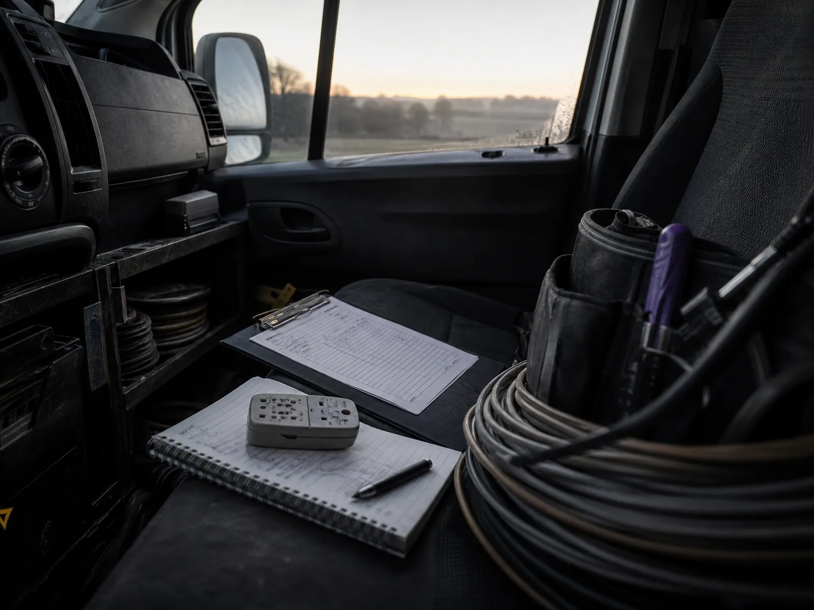 Trade van interior at first light with coiled cable, a socket tester, a clipboard and a notebook on the seat.