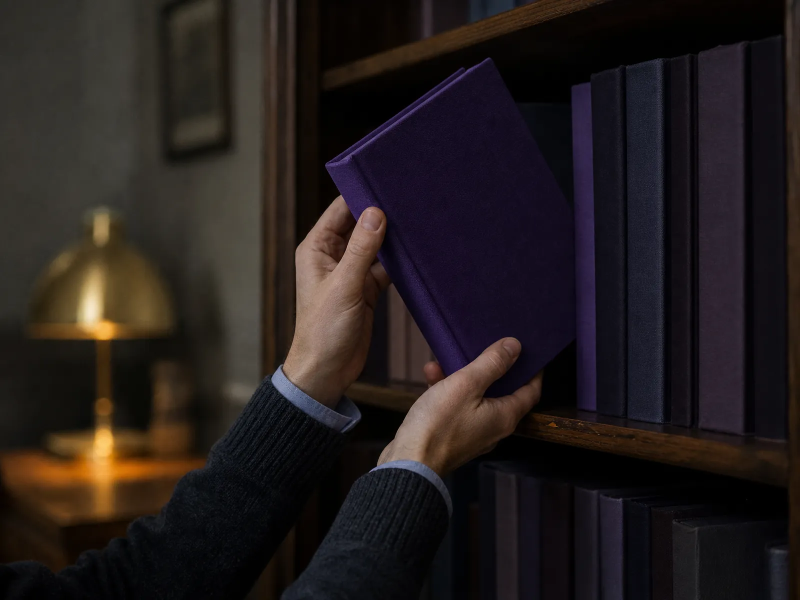 Hands lifting a single plain violet-spined book from a dark wooden shelf, a brass lamp glowing behind.