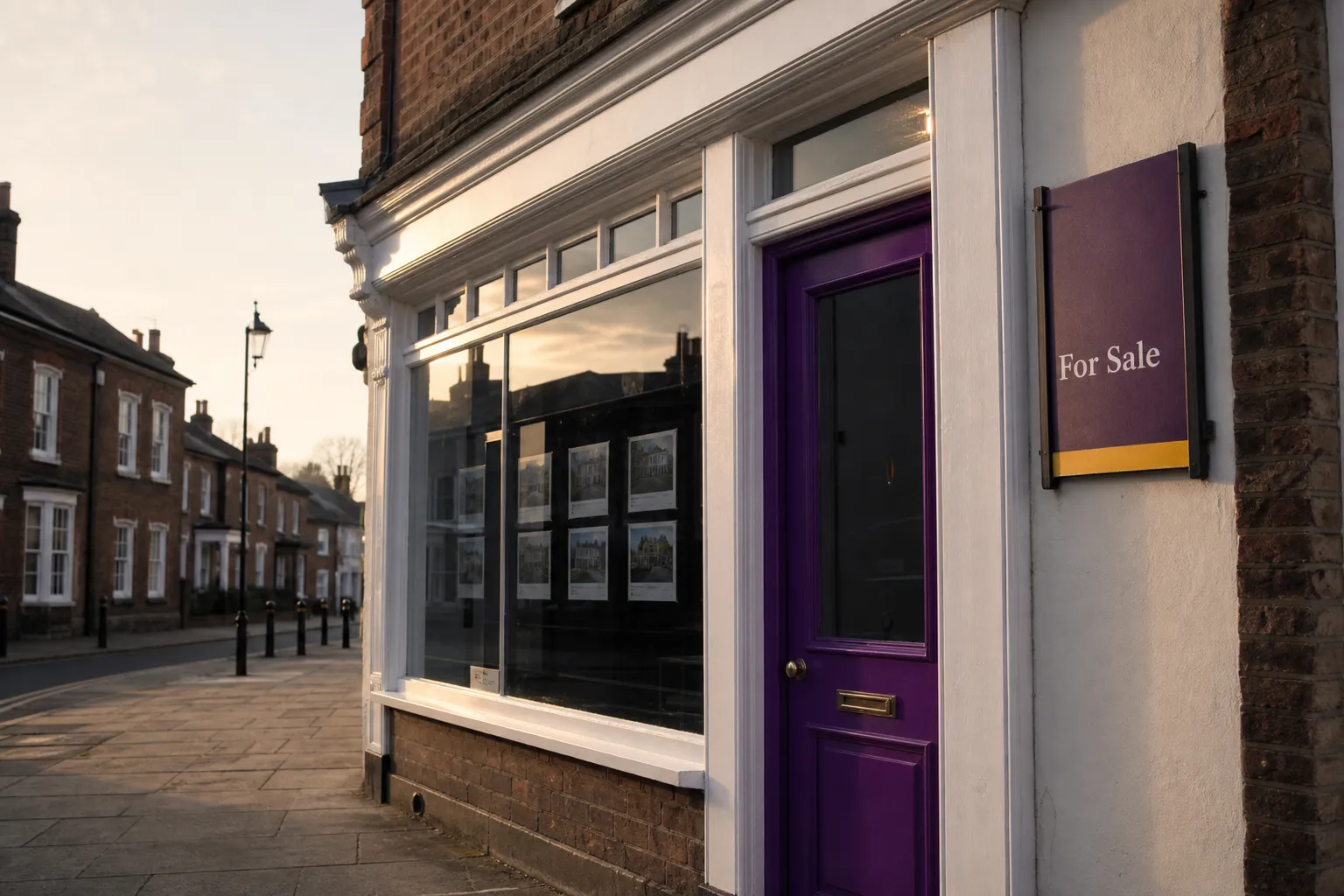 Independent UK estate agent's shopfront at golden hour with for-sale boards on the pavement.