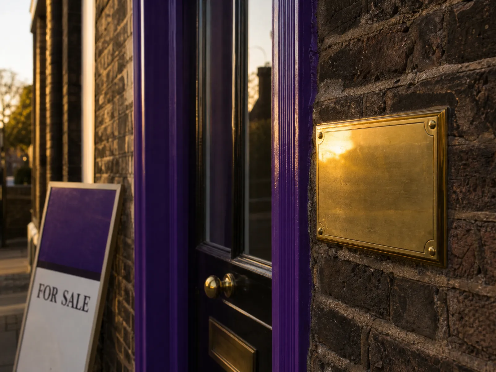 Brass nameplate and small for-sale board beside an estate agent's doorway at golden hour.